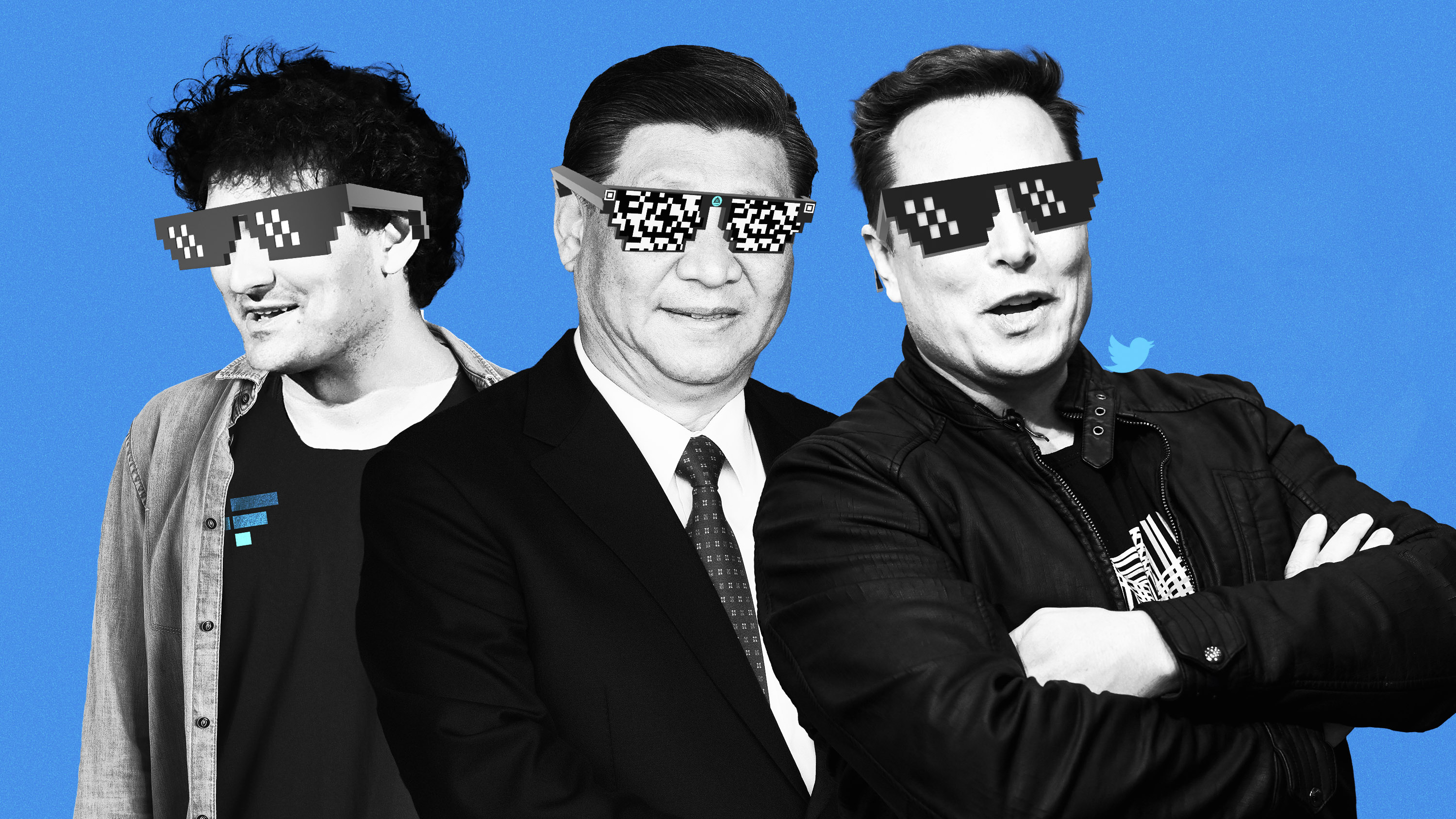 Sam bankman-Fried, Xi Jinping, and Elon Musk with &quot;deal with it&quot; sunglasses