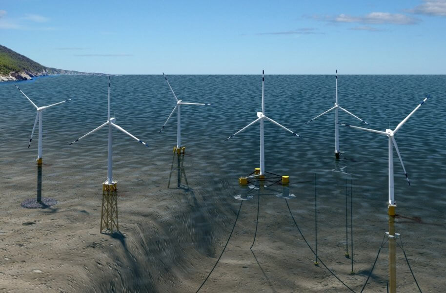 Illustration of six offshore wind turbines.  The three on the left are in shallow water with the shafts lying on the ocean floor.  Three on the right are in deeper water, floating but tethered to the ocean floor.