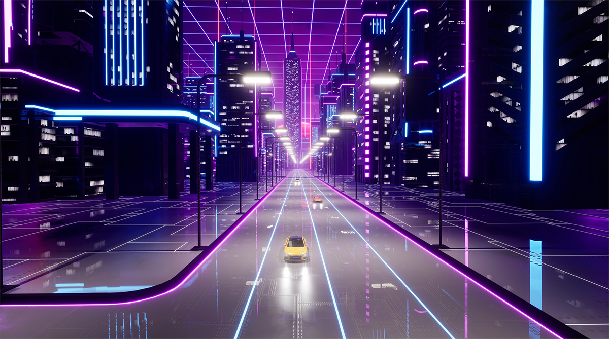 An llustration of a futuristic city with autonomous cars.