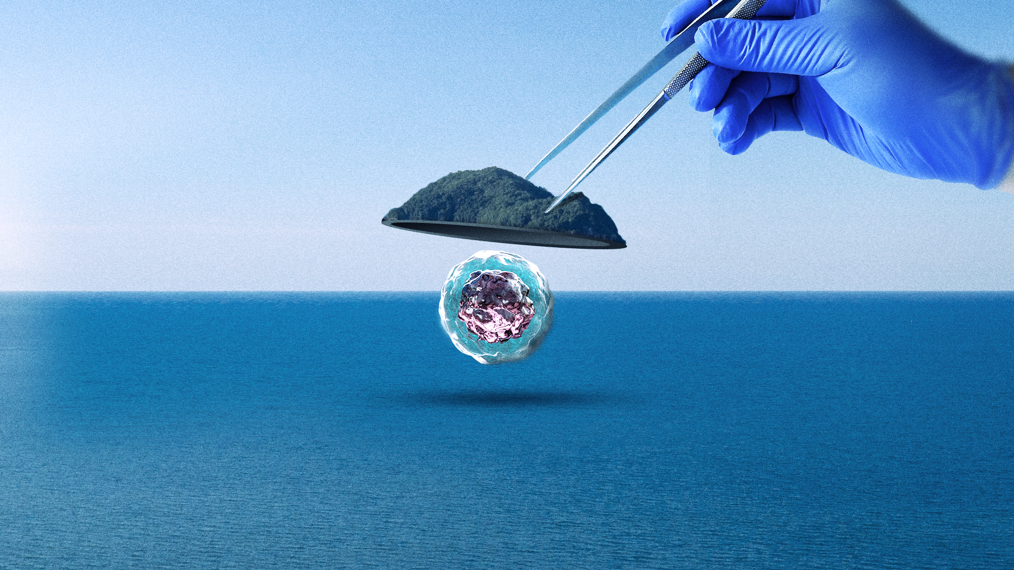 gloved hand plucking a hollow island out of the sea to reveal a modified cell