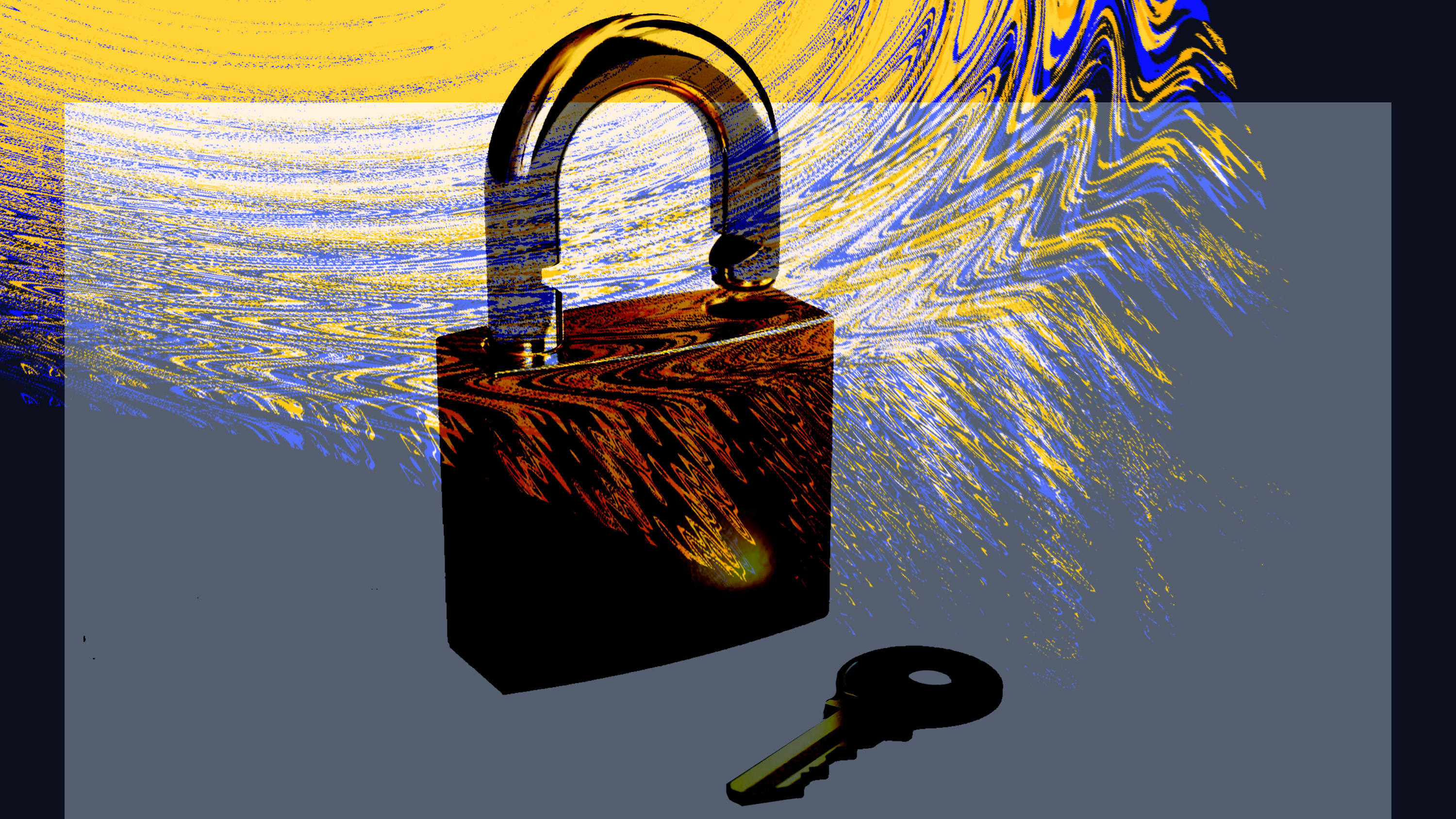 lock with blue and yellow glitch effect behind