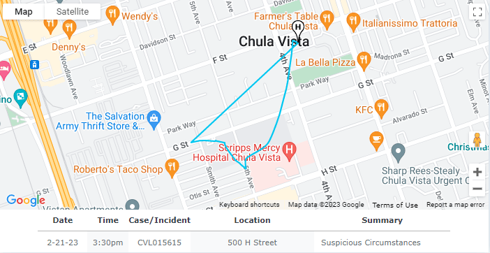 Google Map showing a flight path for a Chula Vista Police Department drone