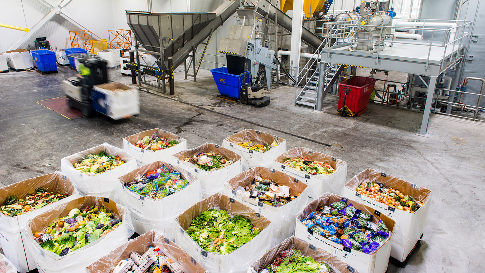 boxes of food waste in the Divert facility in Freetown, MA
