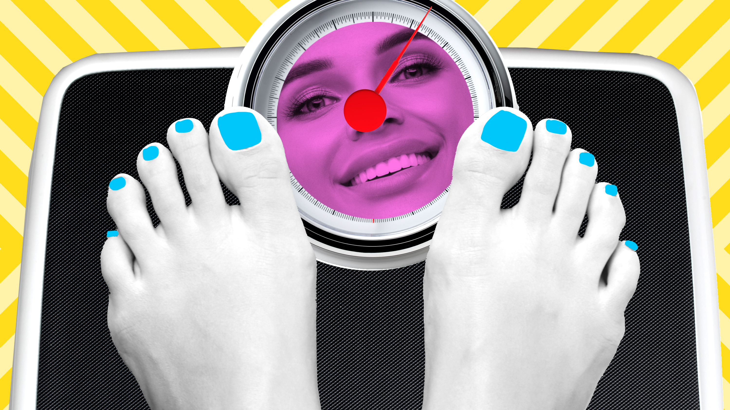 illustration of feet on a scale with a smiling face in the dial which resemble a needle