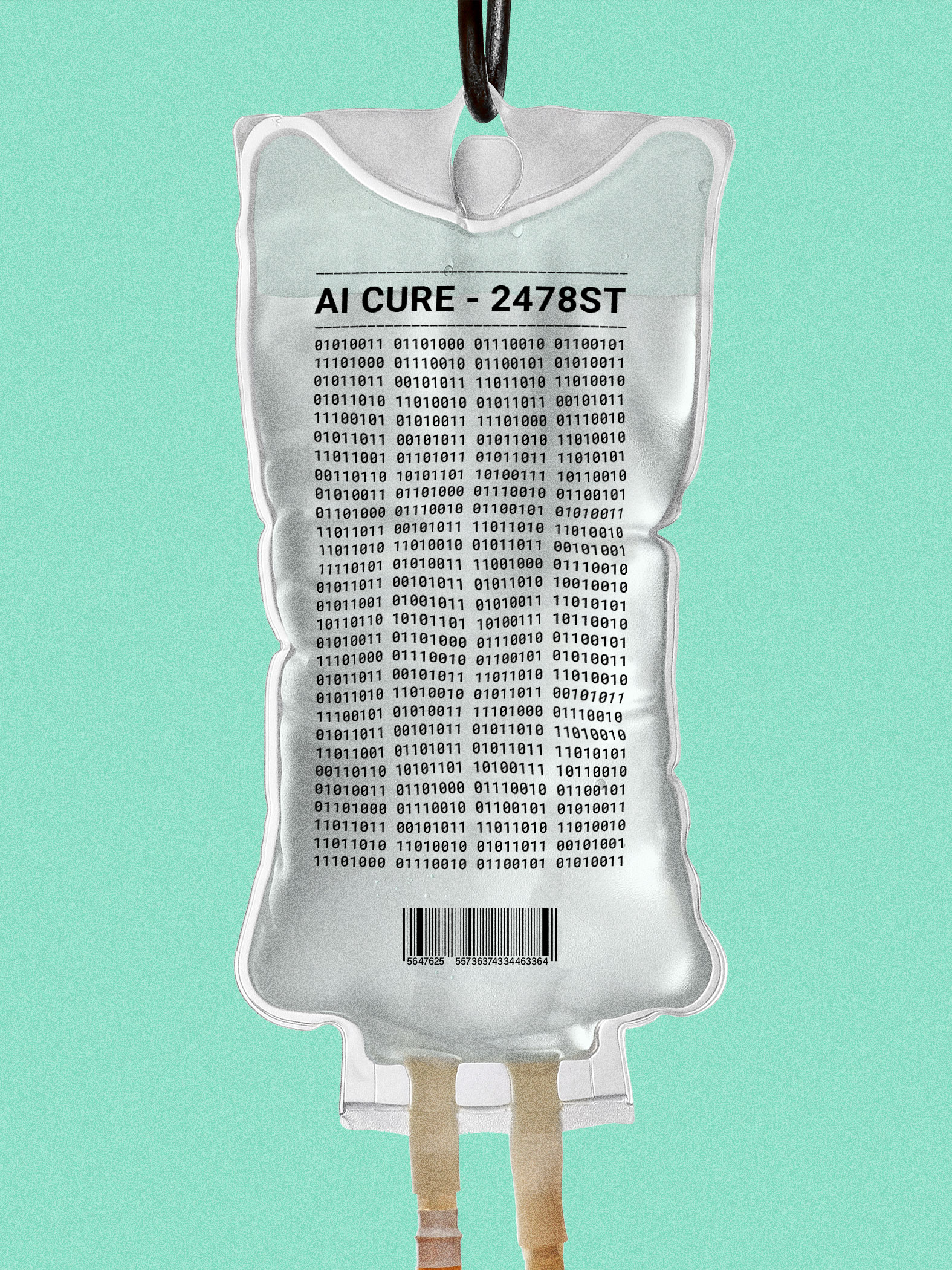 Saline bag with &quot;AI Cure - 2478ST&quot; and columns of binary code printed on the surface