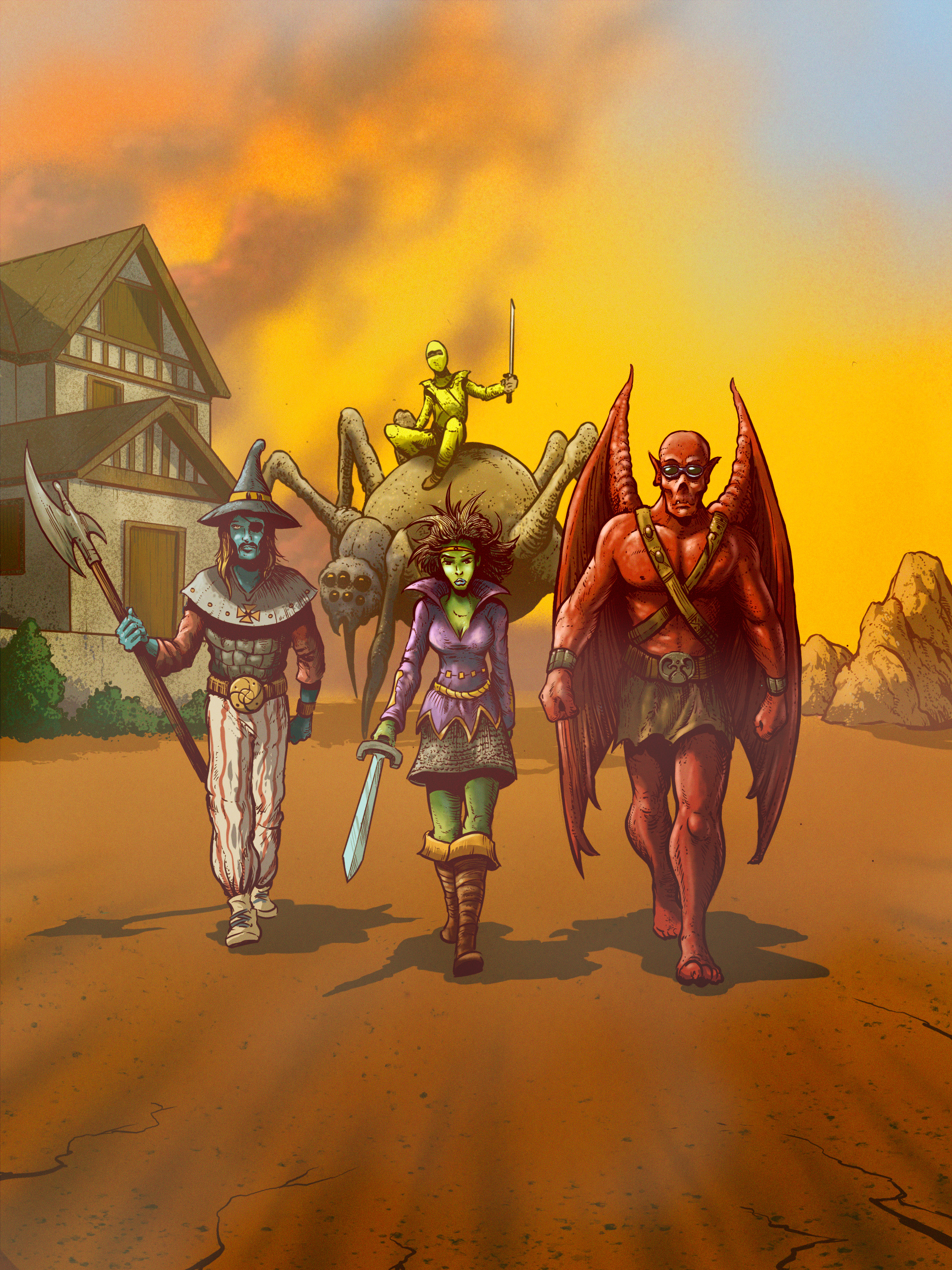 illustration of a group game characters walking toward us