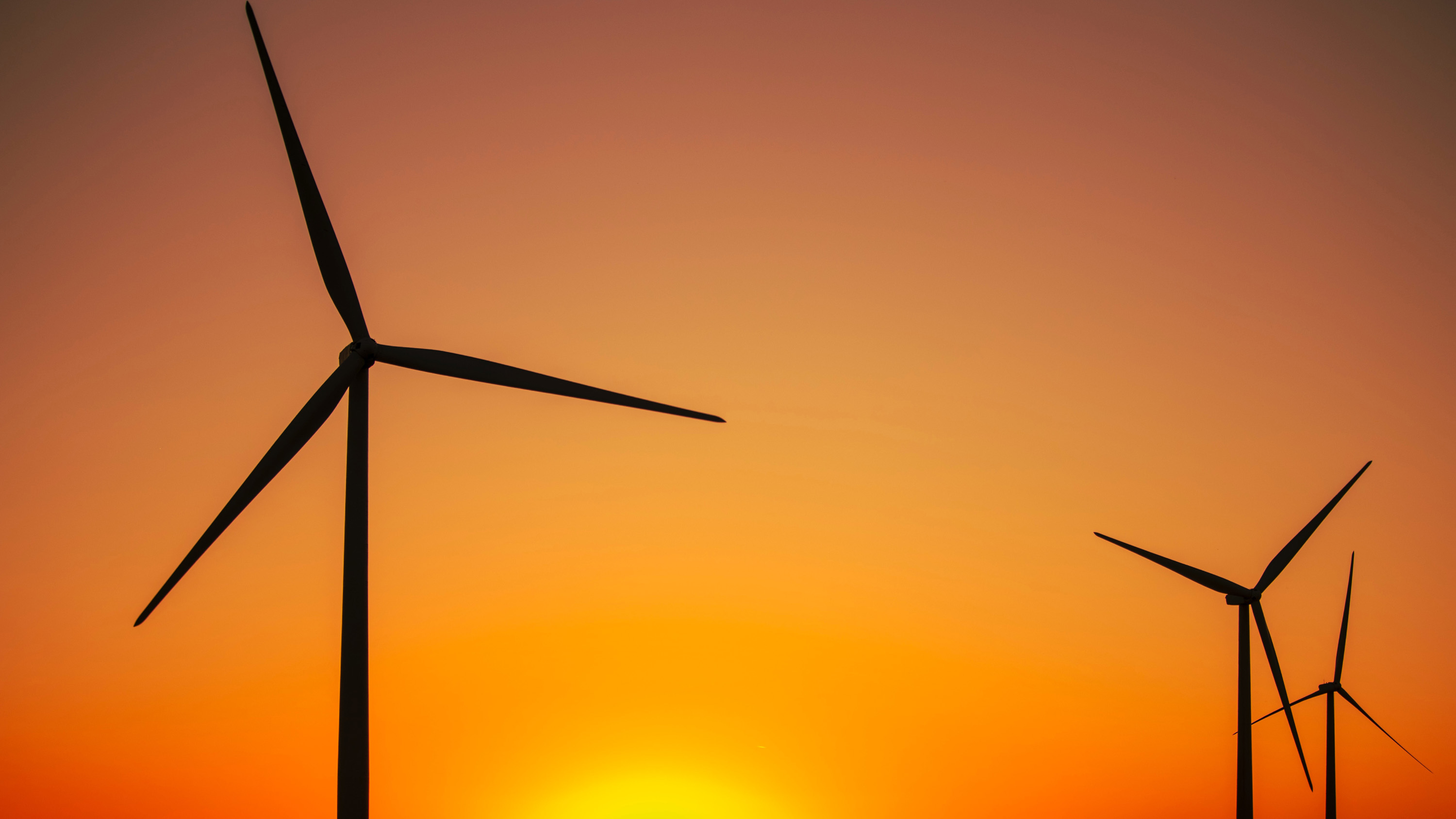 wind turbines in silhouette against the setting sun