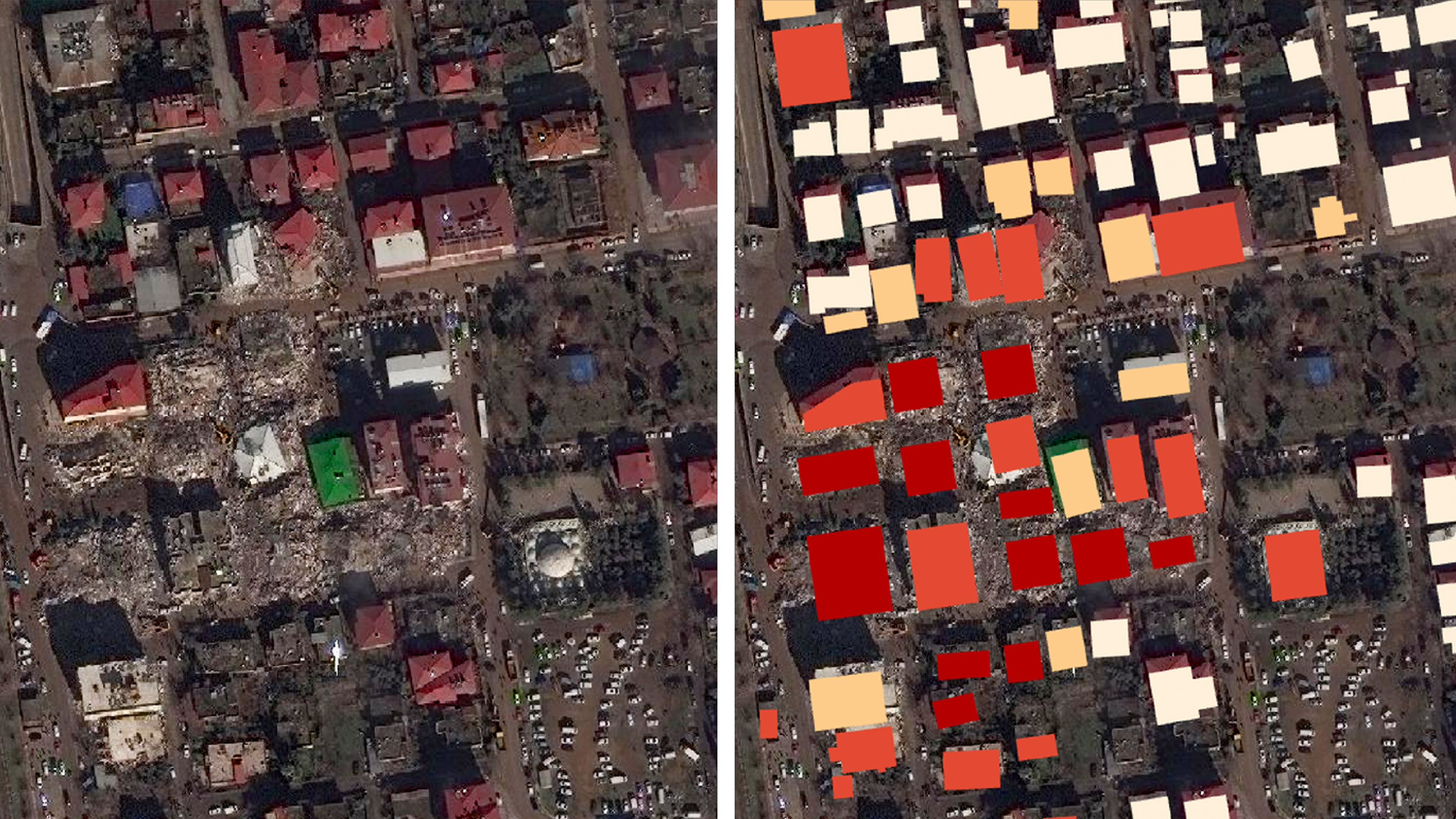 left image of satellite view of earthquake damage compared to an image of the same area with rectangles drawn to show structures