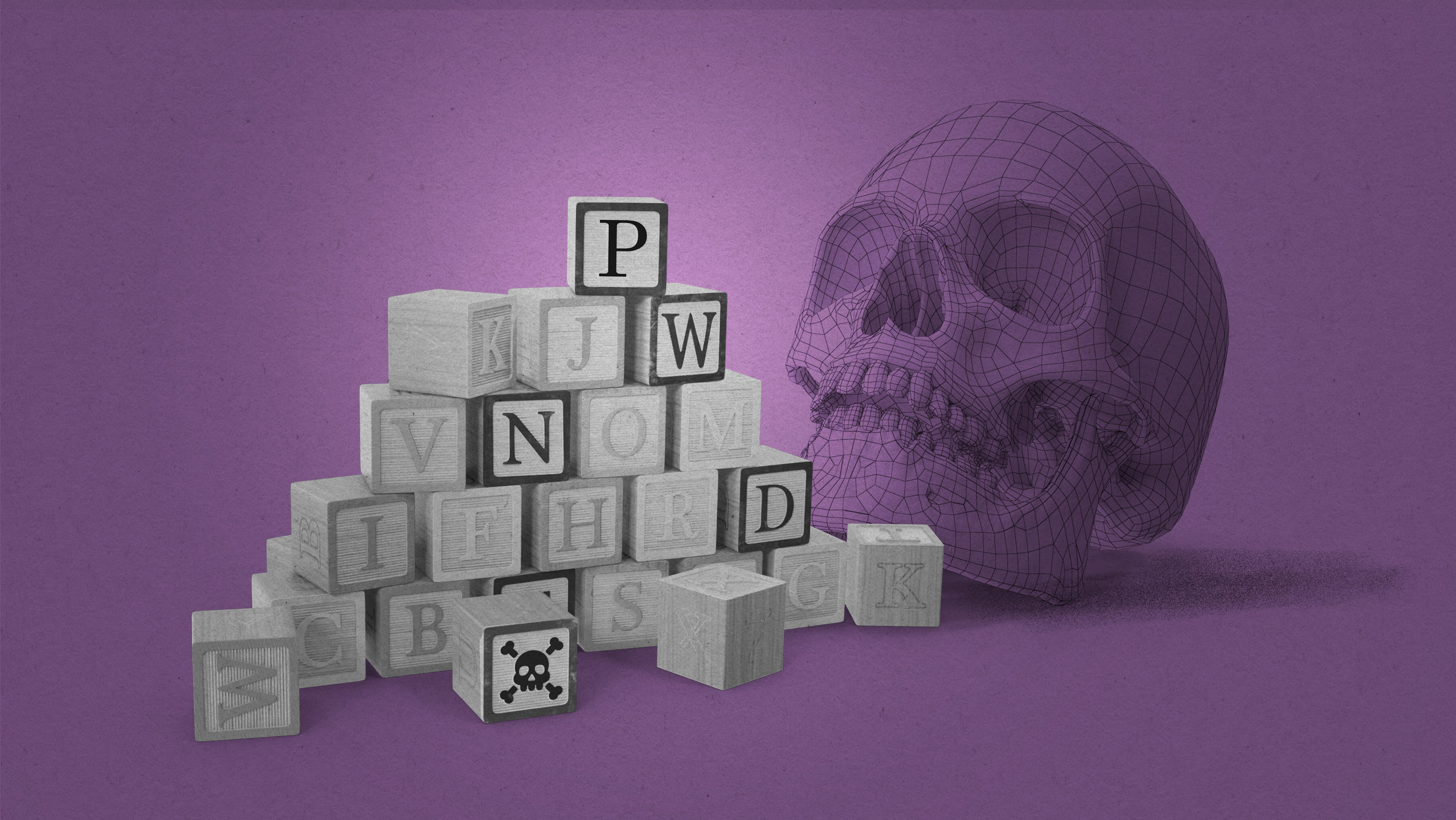 toy letter blocks with message P-W-N-D and the skull with crossbones symbol