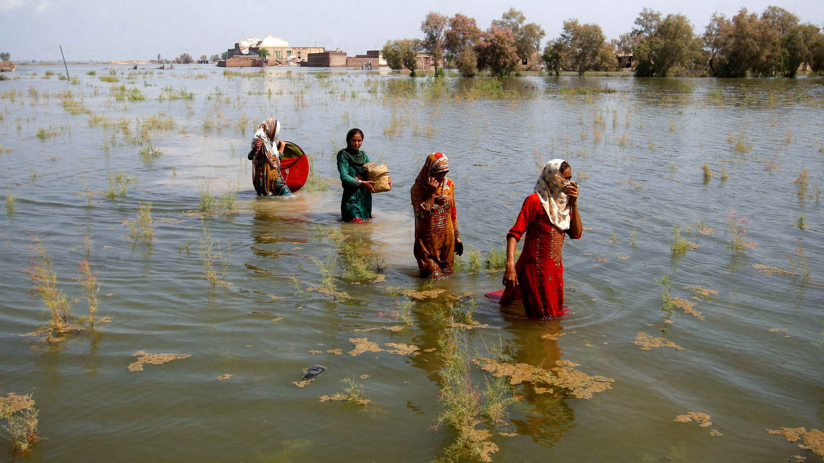 Four Pakistani women wade through floodwaters