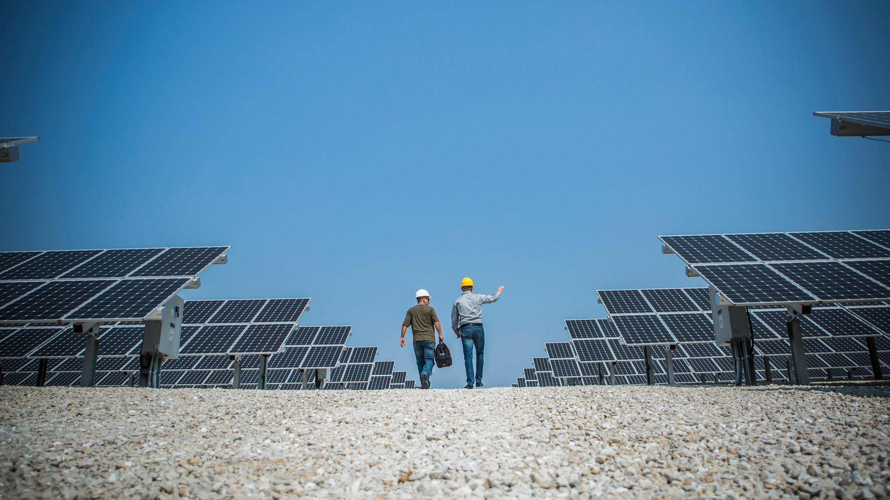 Two technicians in hard hats walk between rows of solar panels