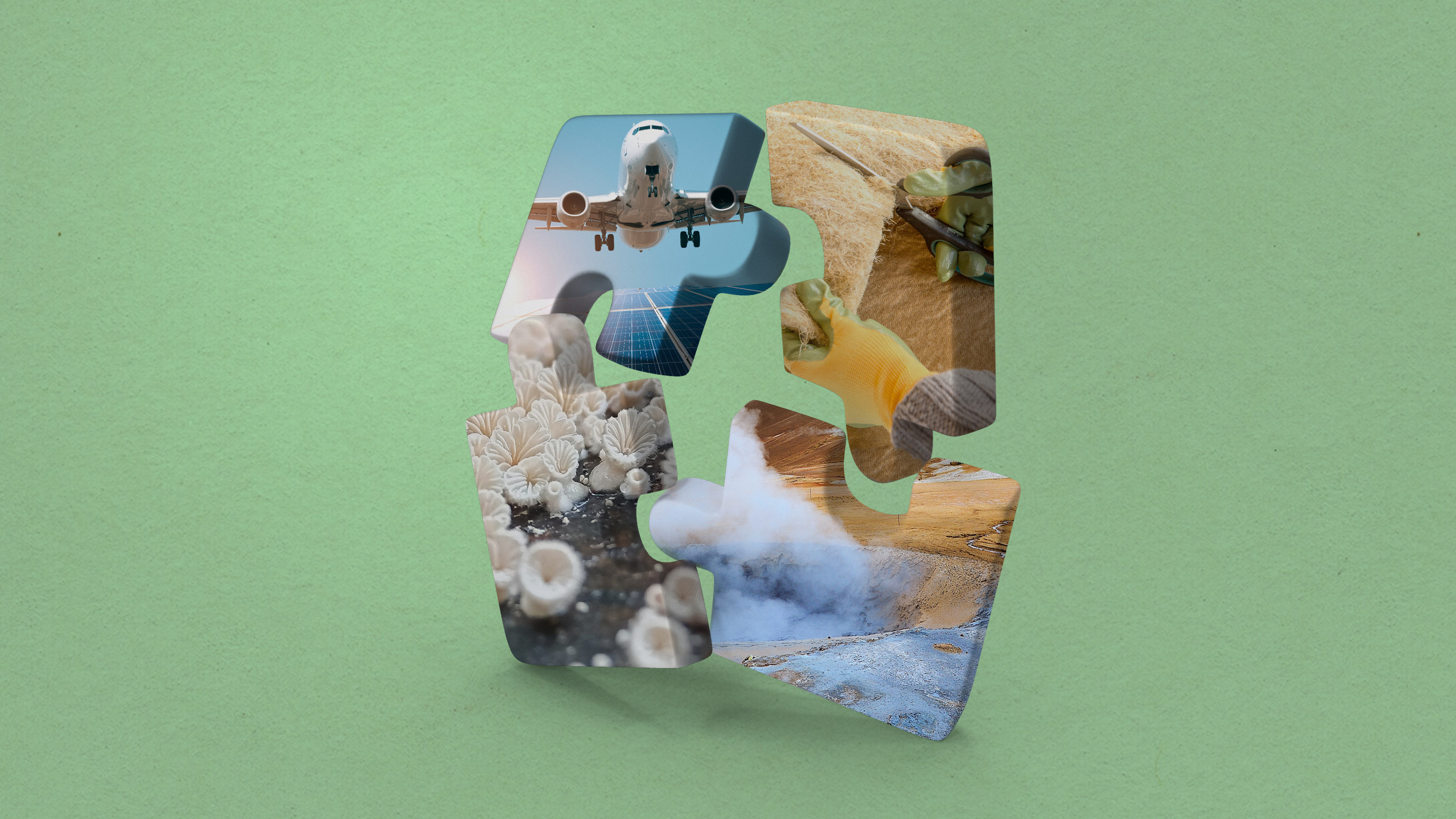 four puzzle pieces with images of an airplane, hemp insulation, fungi, and a geothermal pool