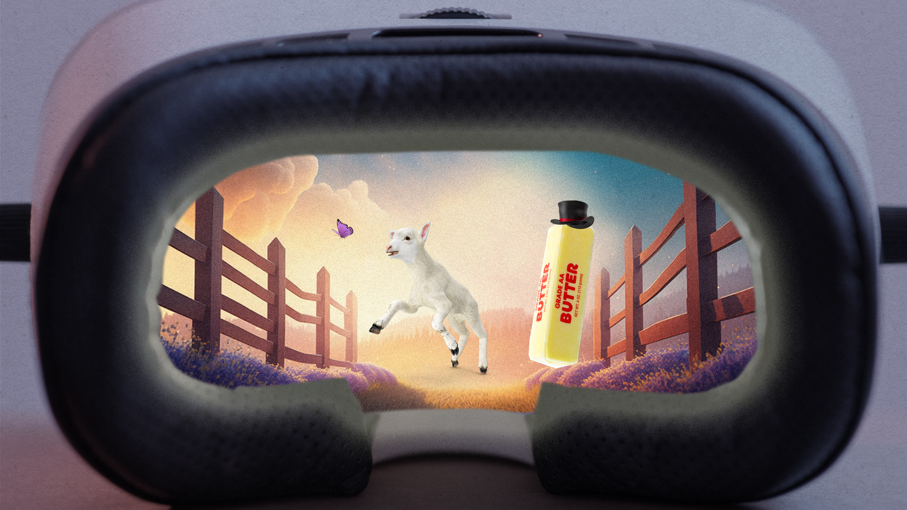 view through a set of VR goggles showing a lamb jumping after a butterfly in a pasture, while a stick of butter with a tiny top hat watches