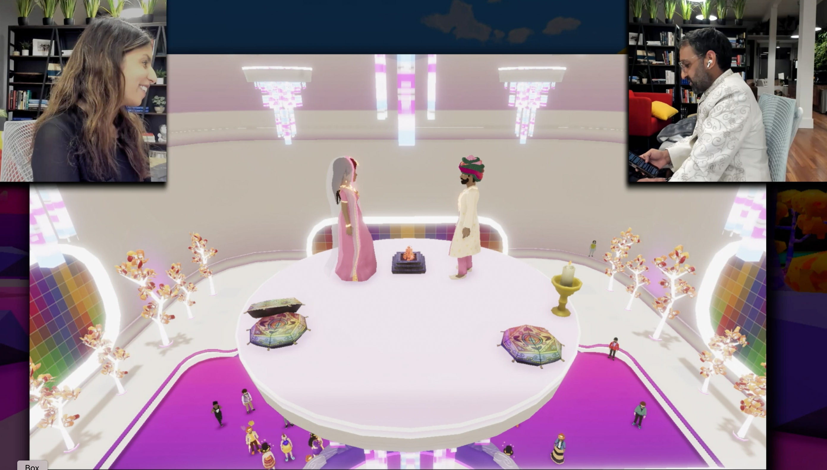 digital image of a woman and man in indian attire getting married in the metaverse with a livestream of bride and groom inset