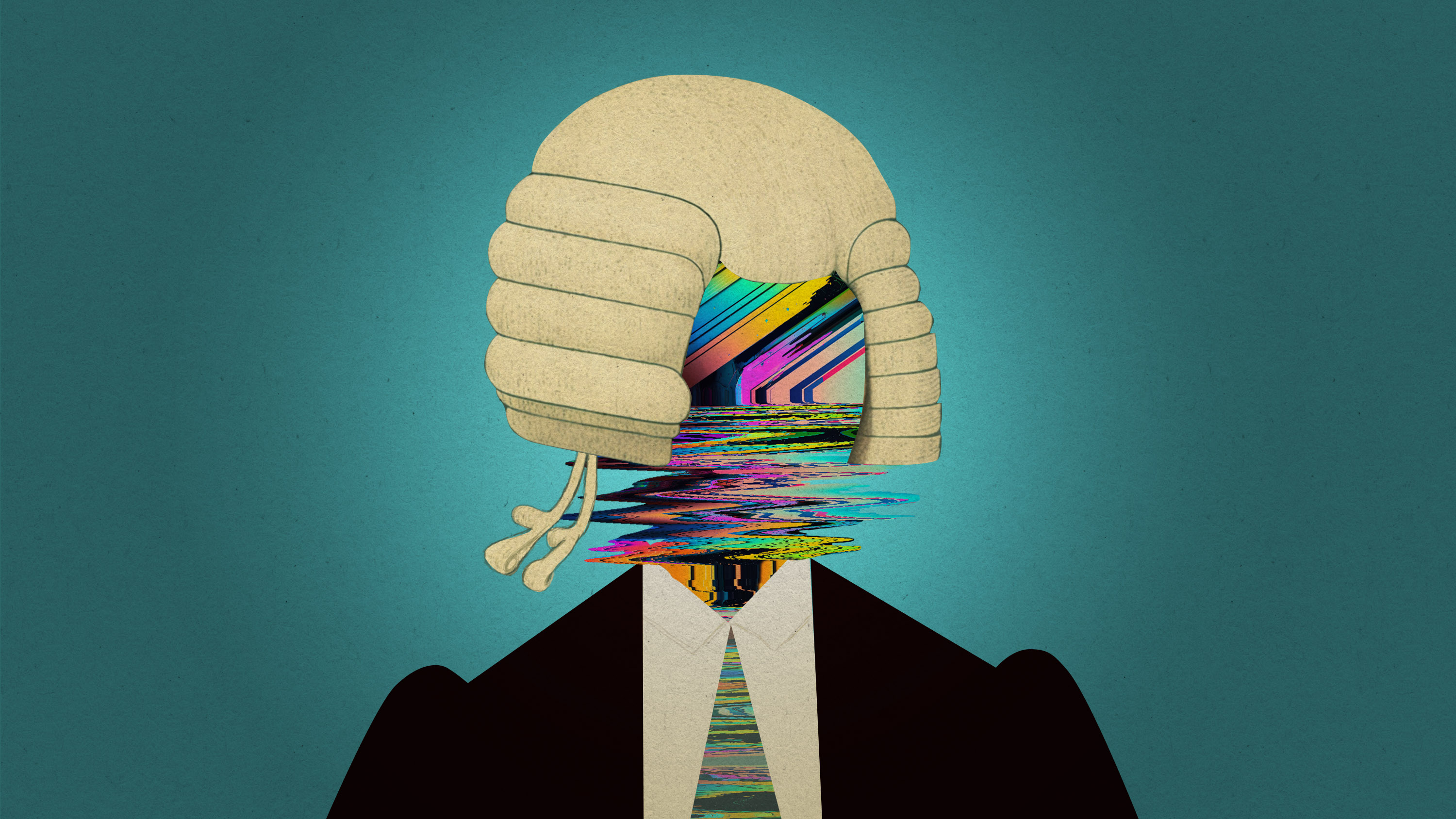 barrister&#039;s suit and wig embodied by a digital glitch pattern