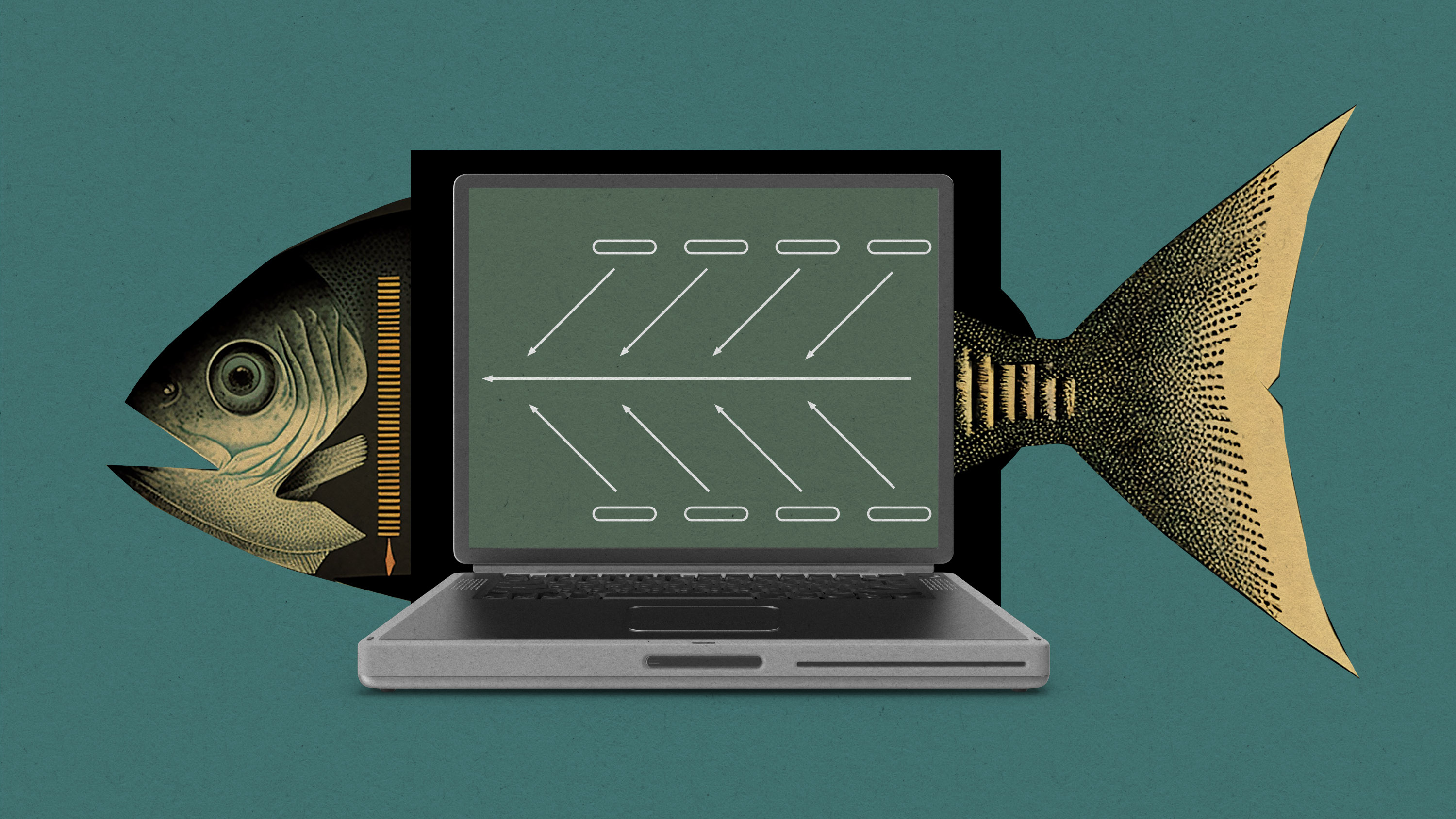 fishbone diagram on a laptop screen superimposed on a fish body