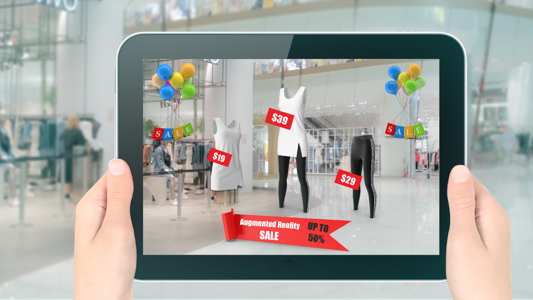 Stock image of a customer using a tablet while shopping to see sales overlaid on the in-store image.