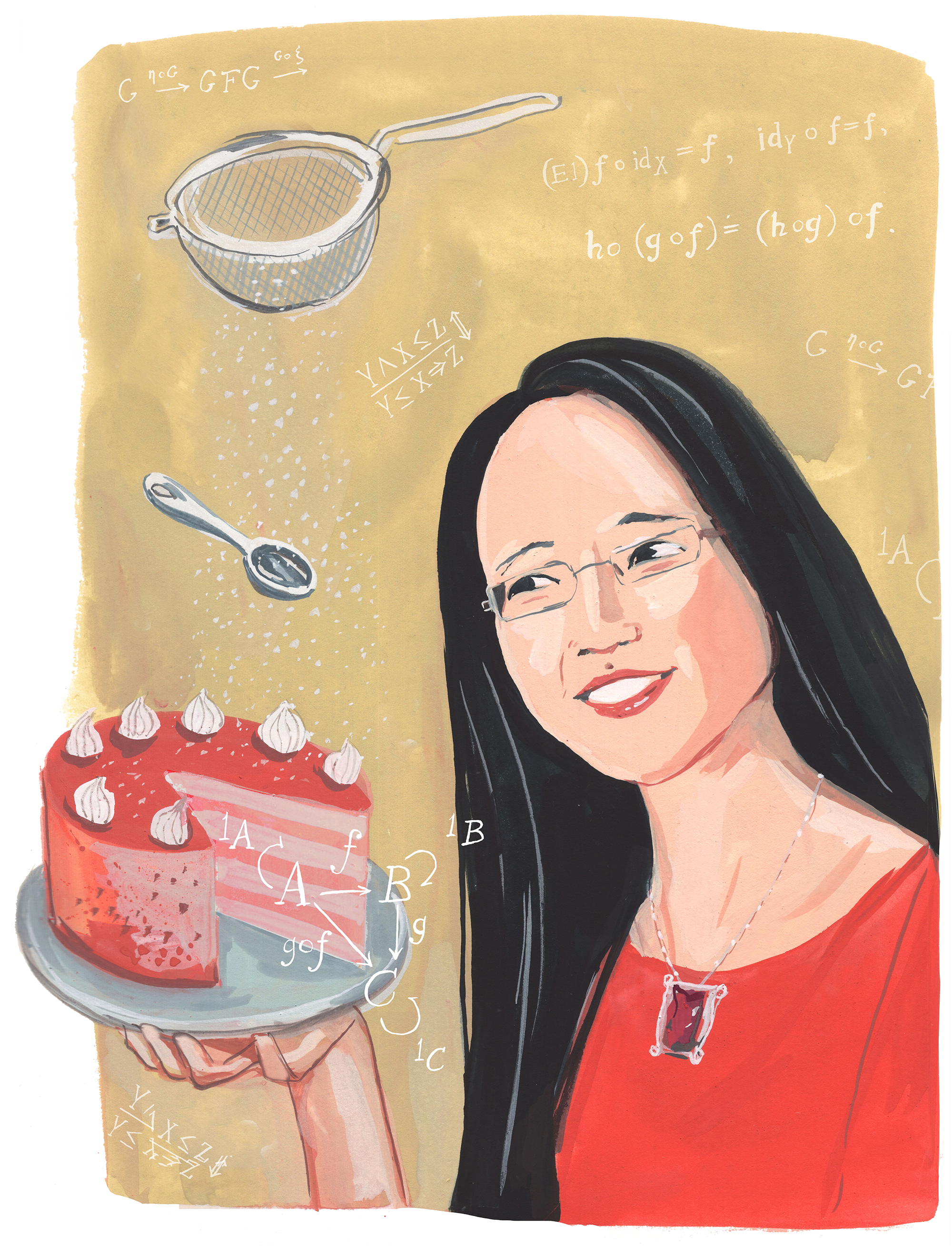 Eugenia Cheng holds a cake as sugar sprinkles down on it from a sieve. Equations are handwritten in the background.