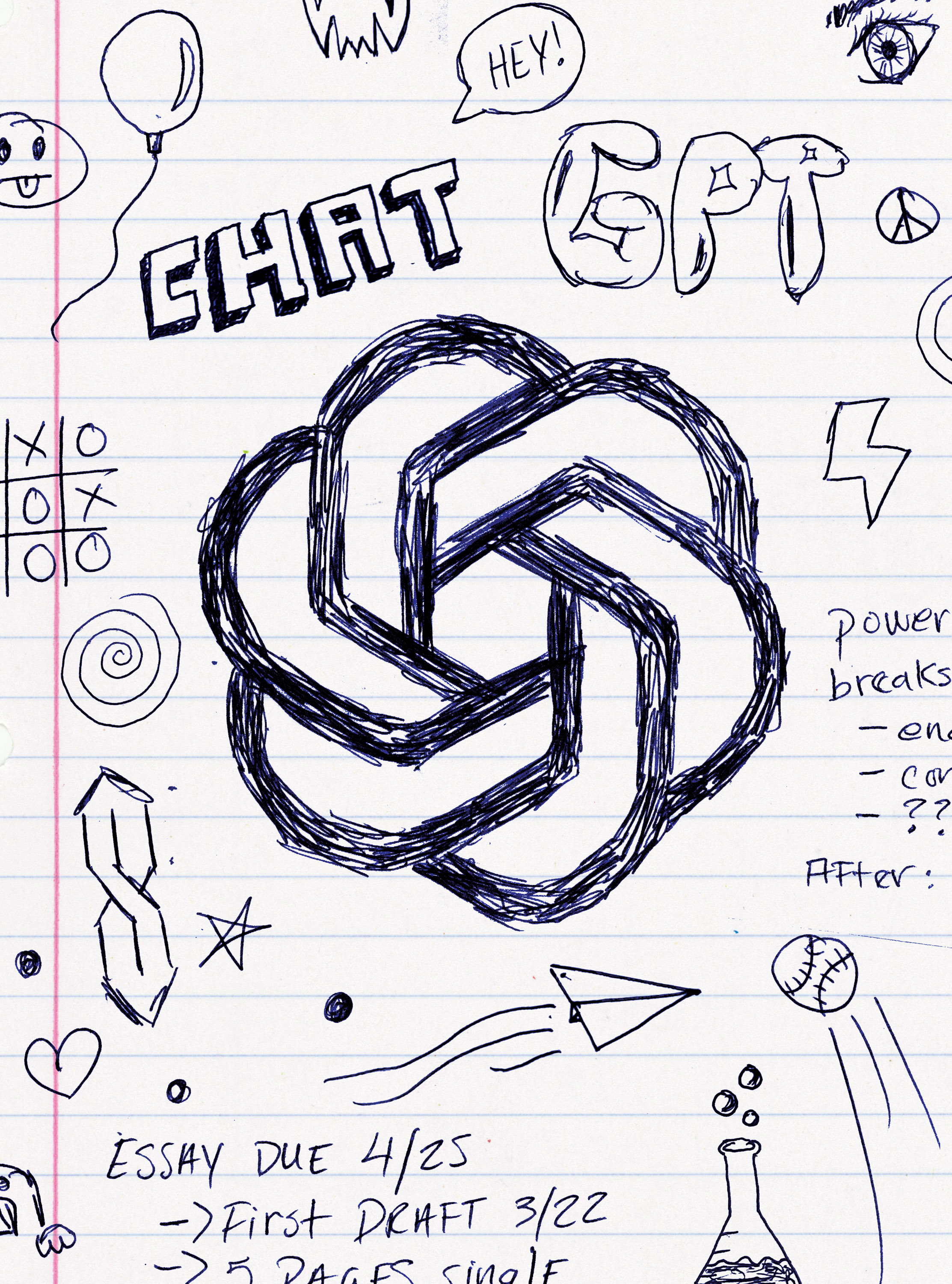 A ballpoint pen doodled OpenAi logo is in the center of a lined paper from a school notebook, surrounded by other doodles.