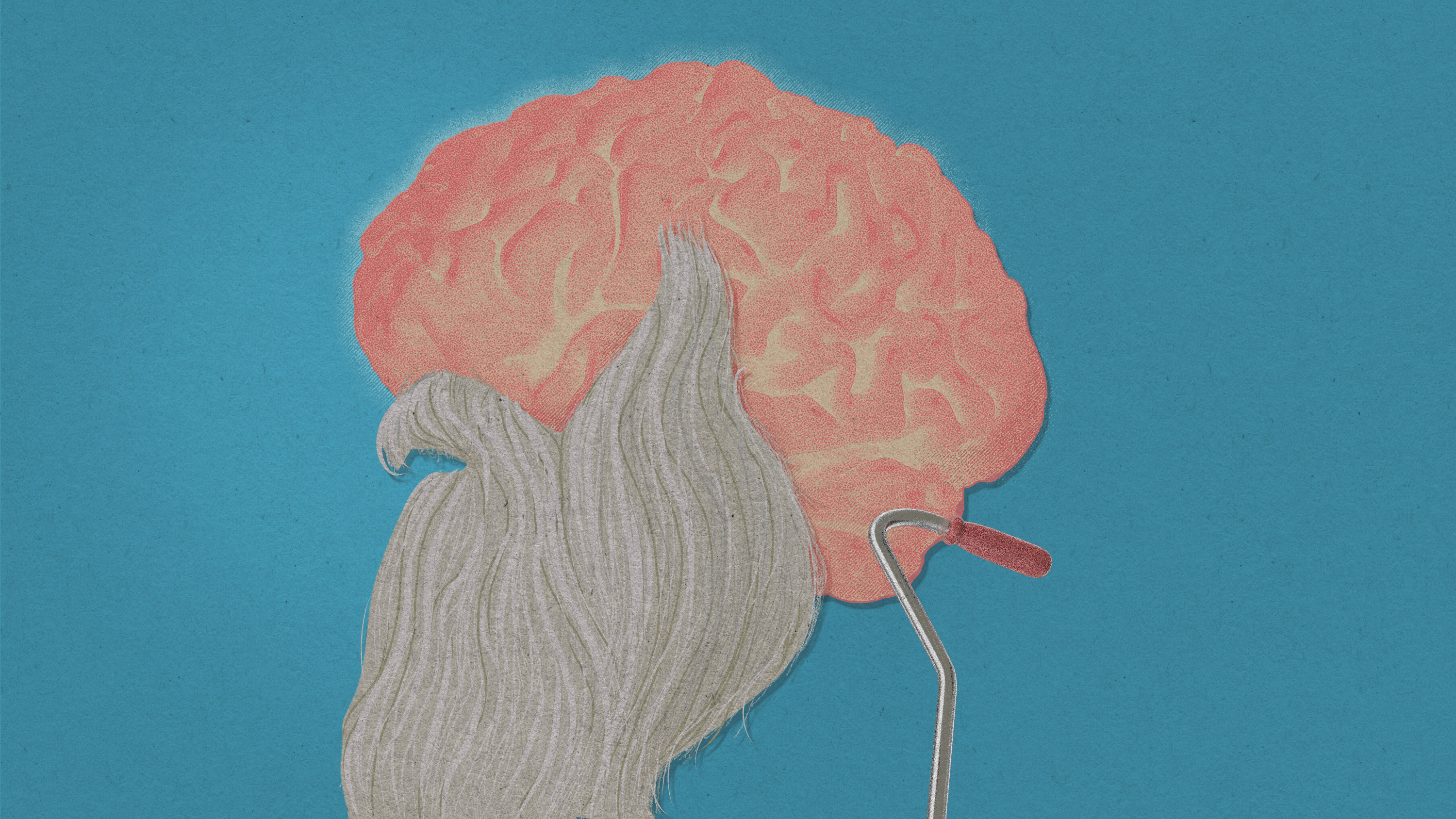 brain with a long grey beard and a cane