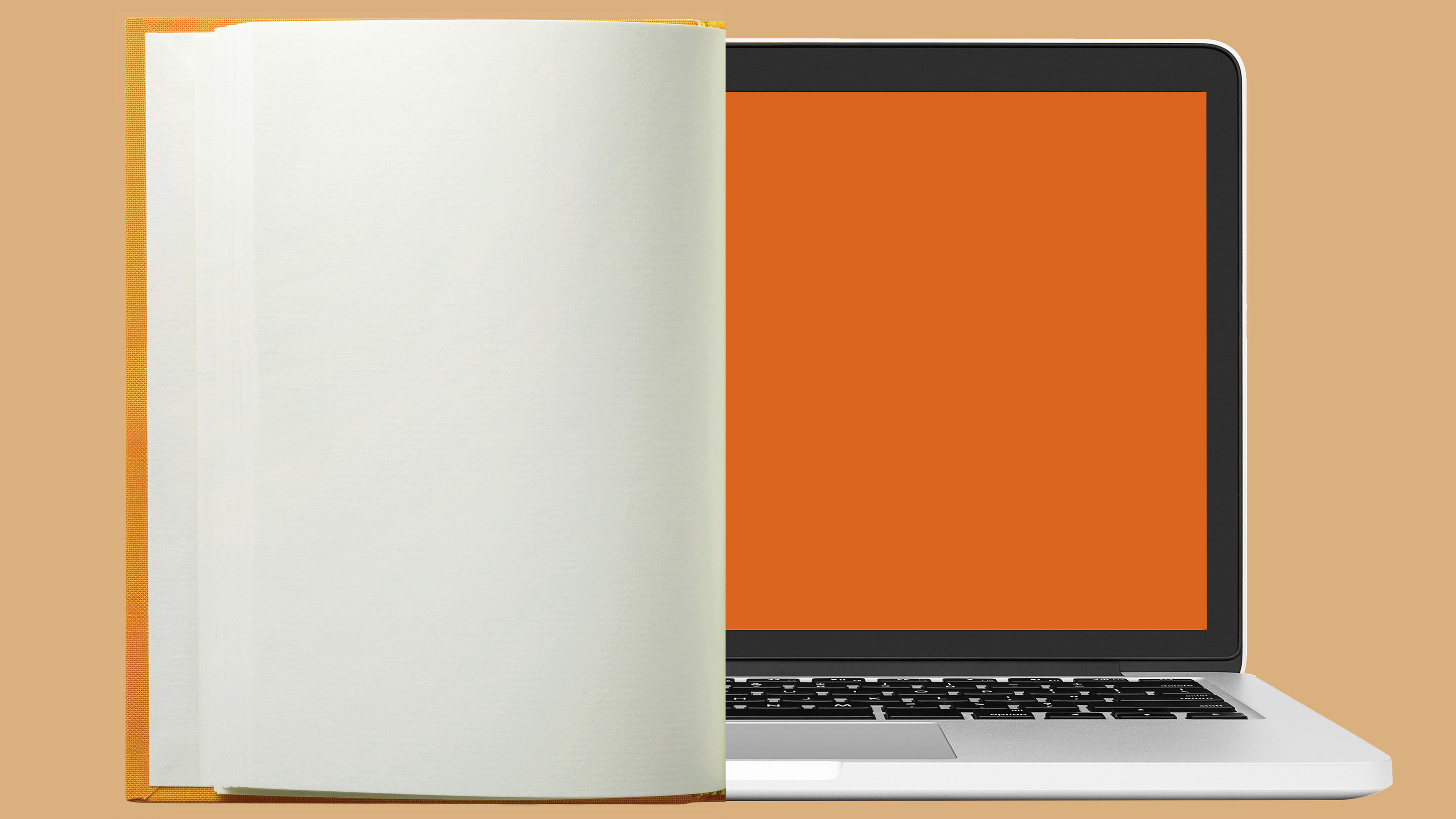 the left half of a blank book juxtaposed with the right half of a laptop computer