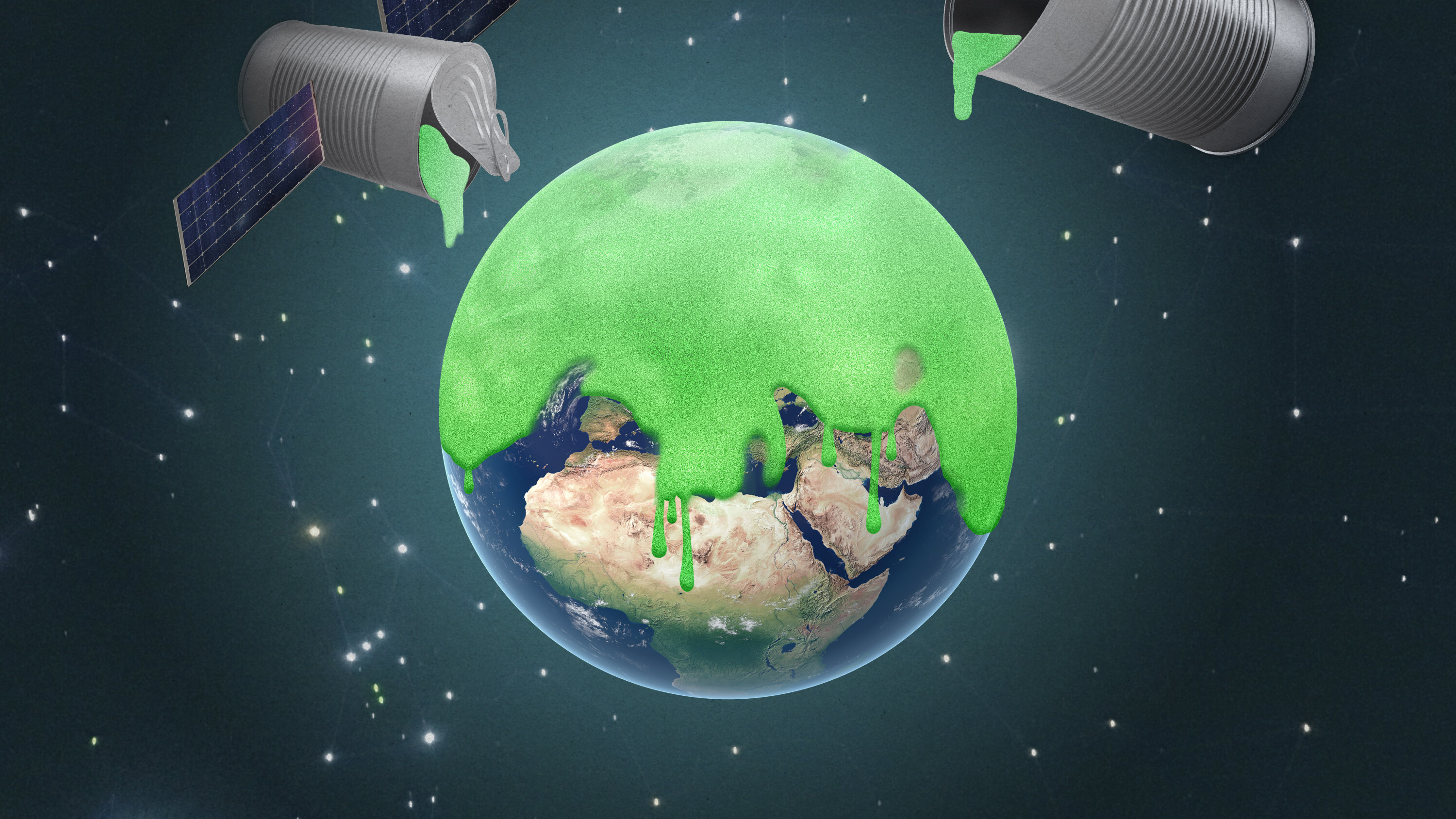 cans of pea soup orbiting the earth and coating the northern hemisphere