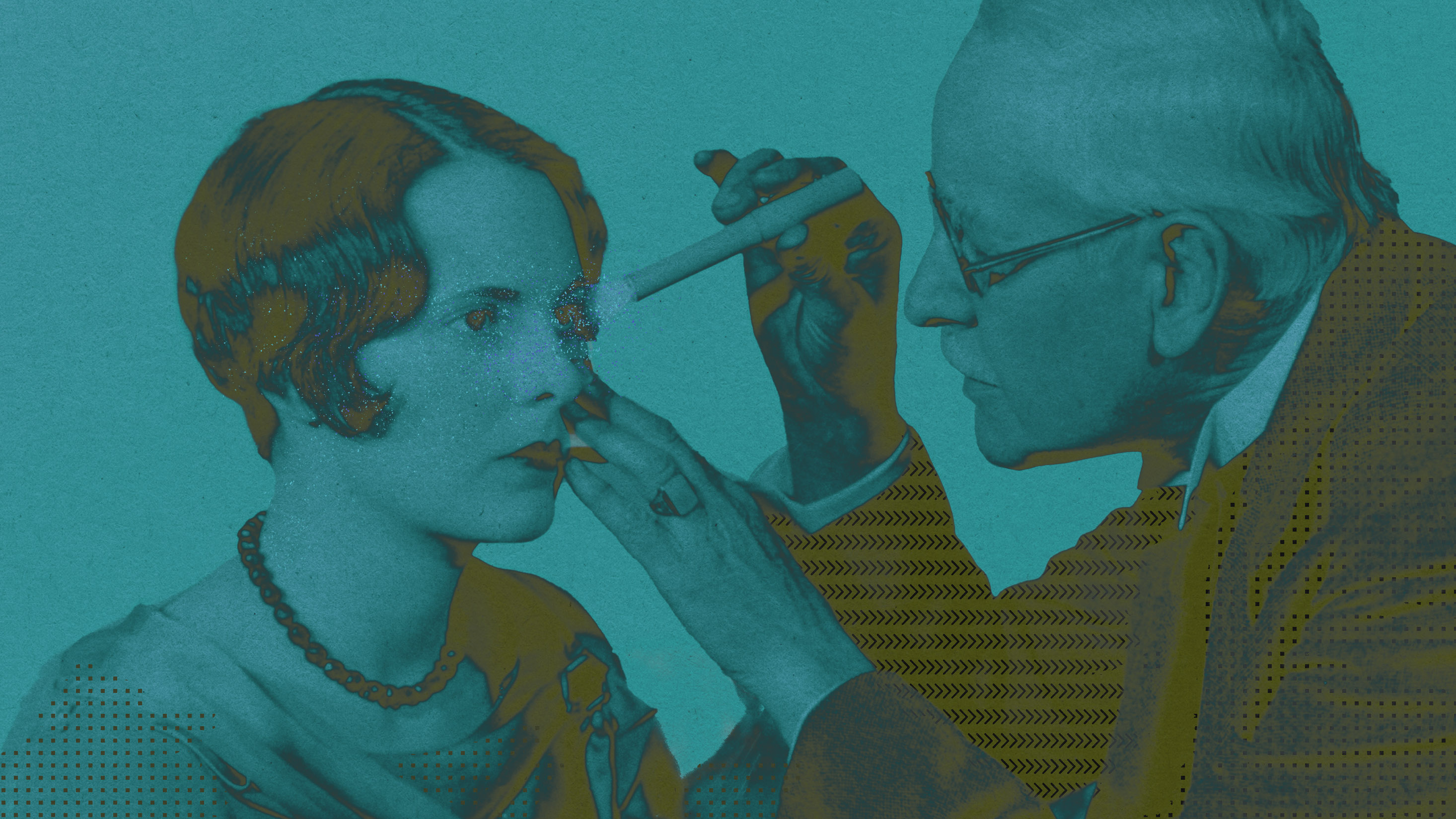 older male doctor shines a light in a female patients eye, circa 1920s with digital patterns overlaid on image