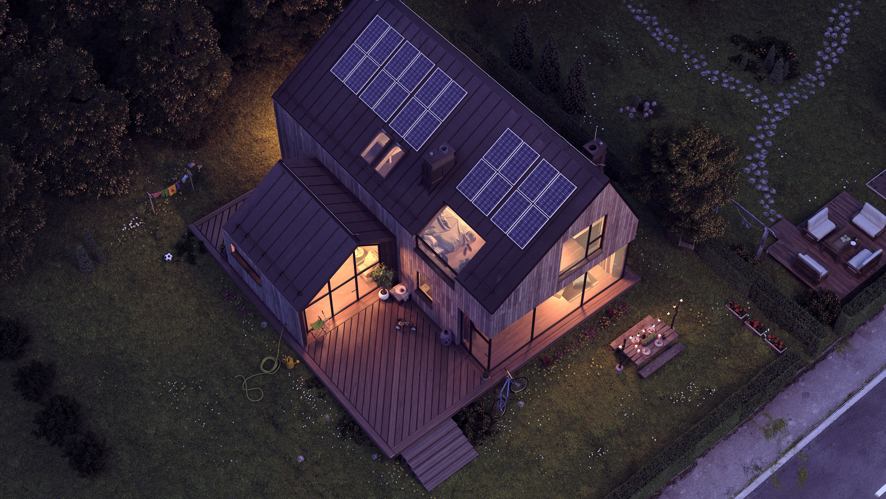 bird's eye view of a modern family home with solar panels