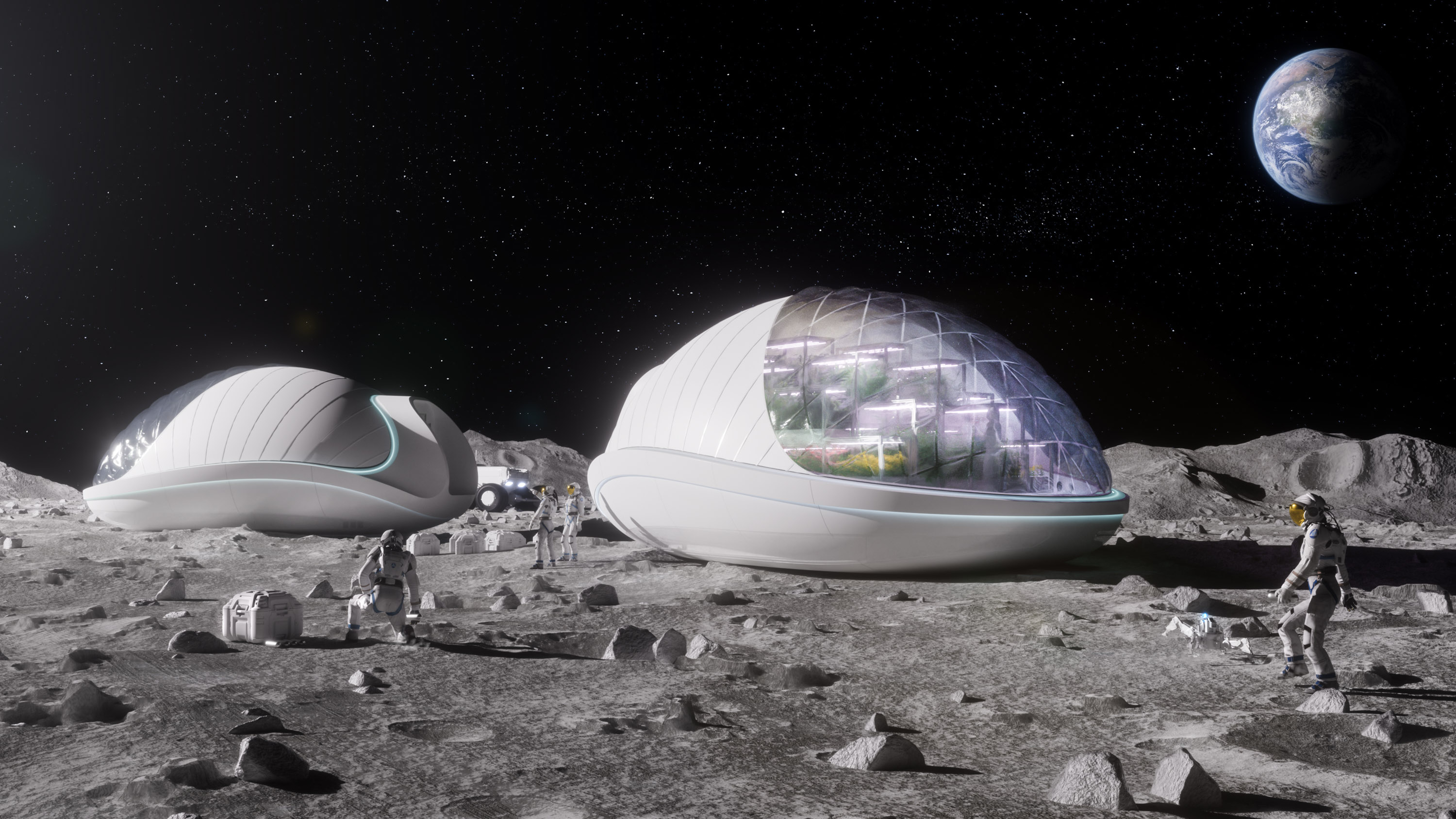 artist's rendering of two biopods on the moon with astronauts walking nearby.