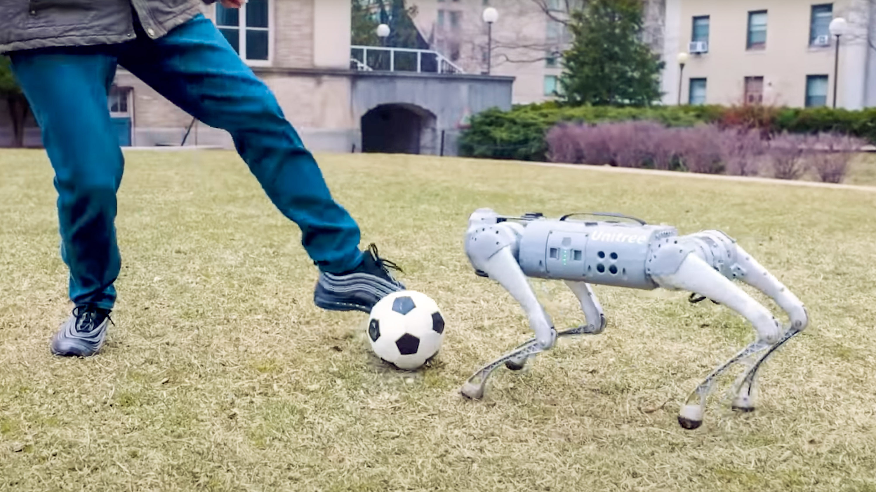 close up on a person's legs kicking a soccer ball toward a four-legged robot on a campus lawn