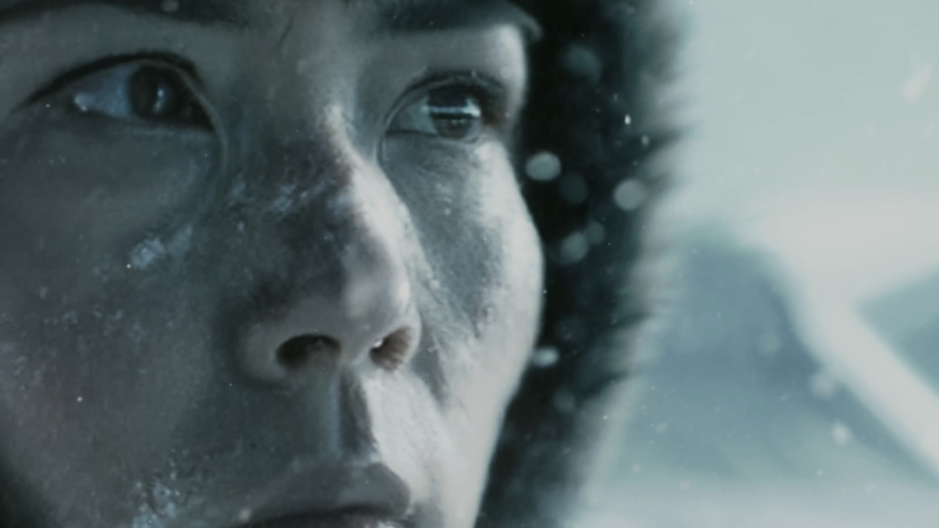 screencap from The Frost of an extreme closeup on a person&#039;s face looking into the snowy distance from within a fur hood