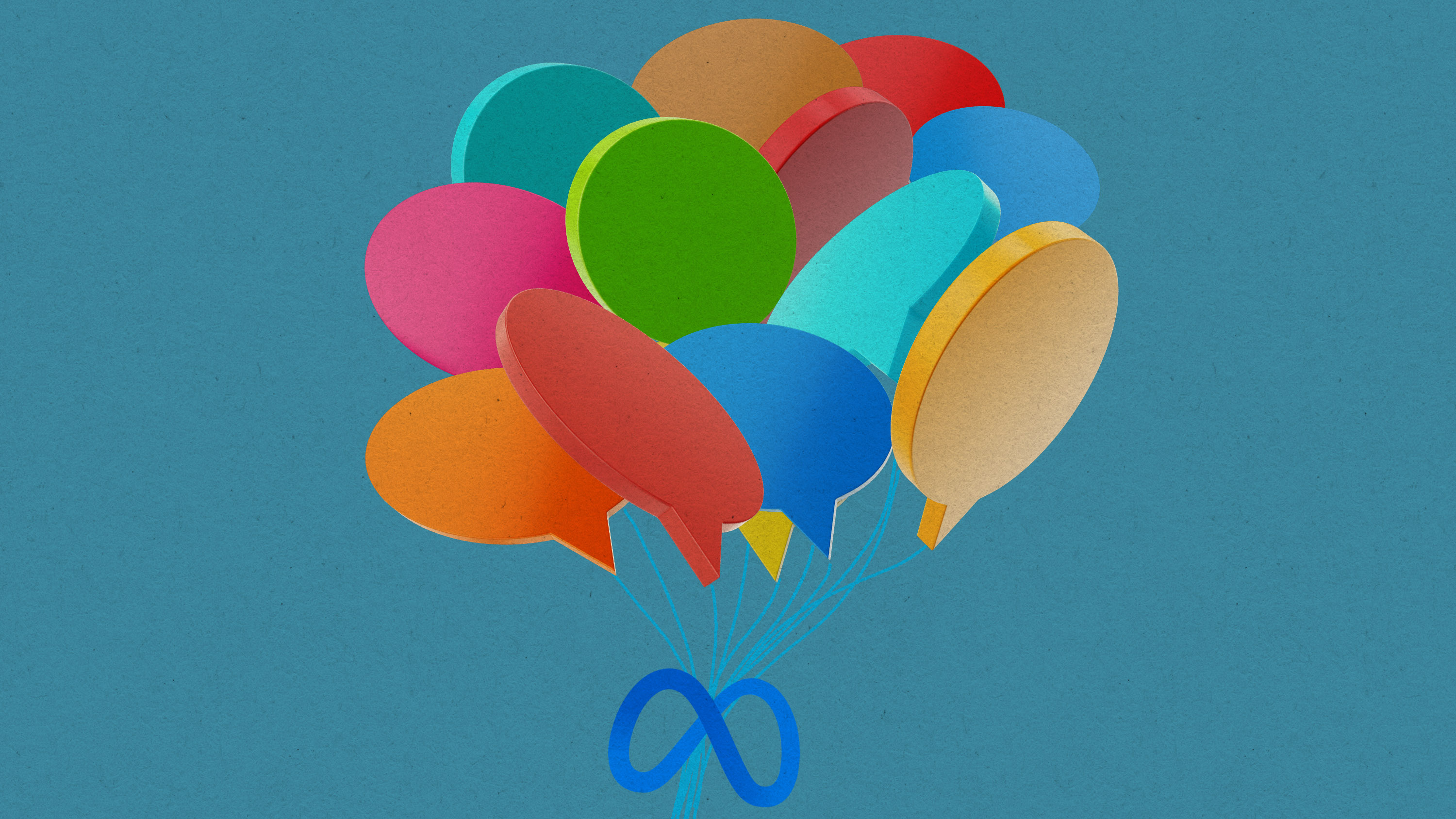a group of colored balloons shaped like speech bubbles tied together in a bunch with the Meta logo