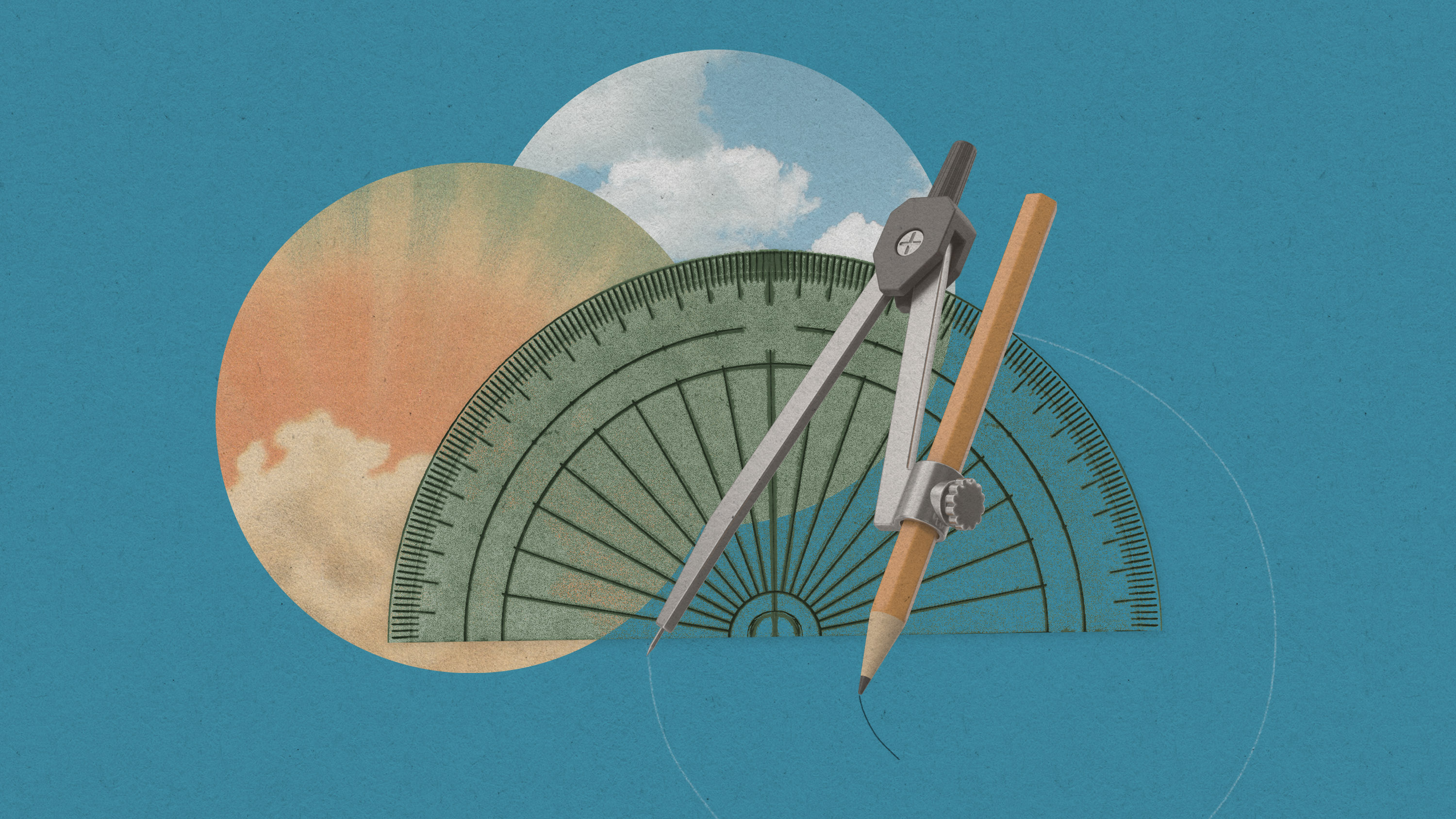 compass and protractor with circles of cloudy skies