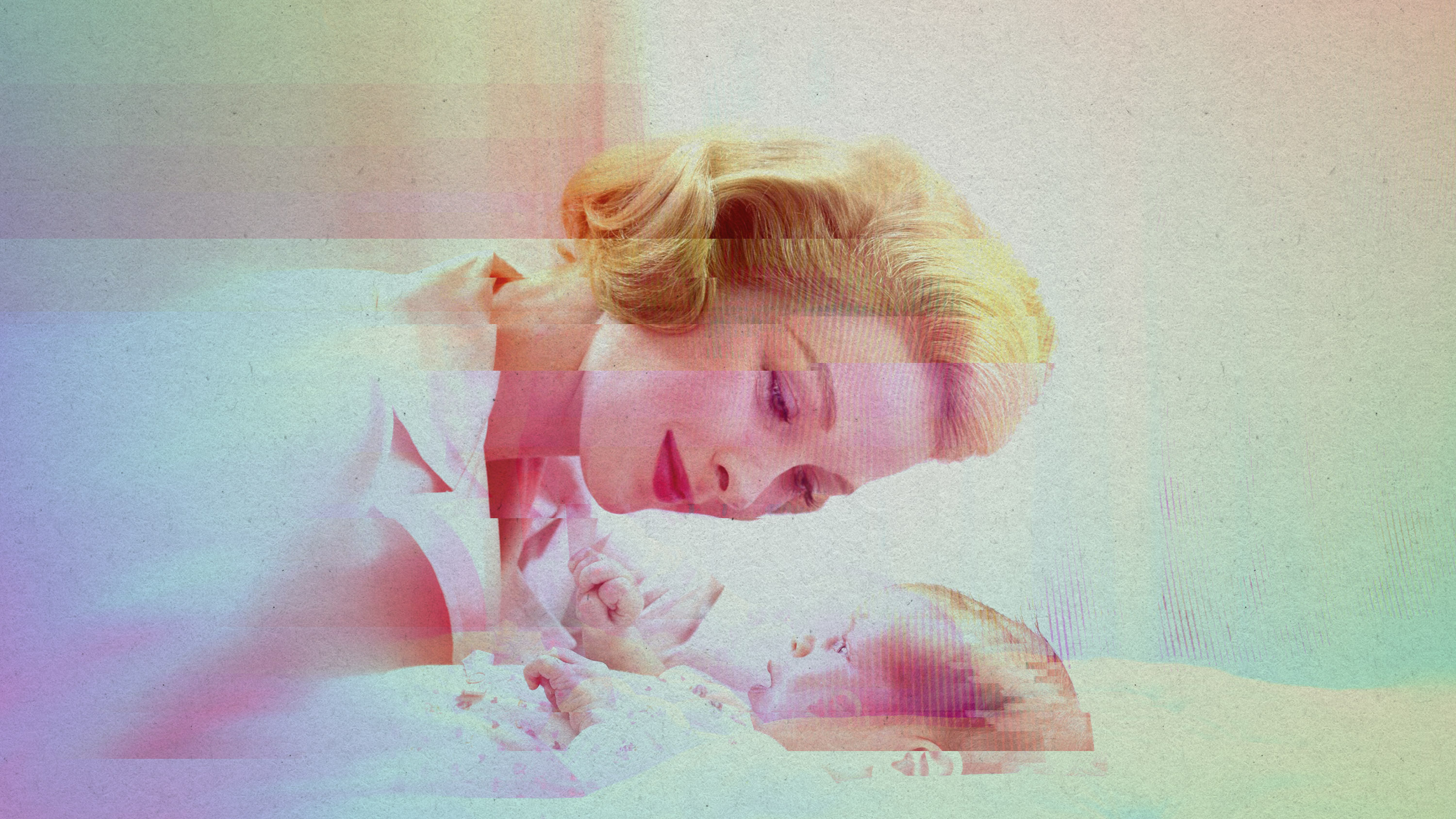 glitch effect on a 1950's era image of a mother smiling at an infant son