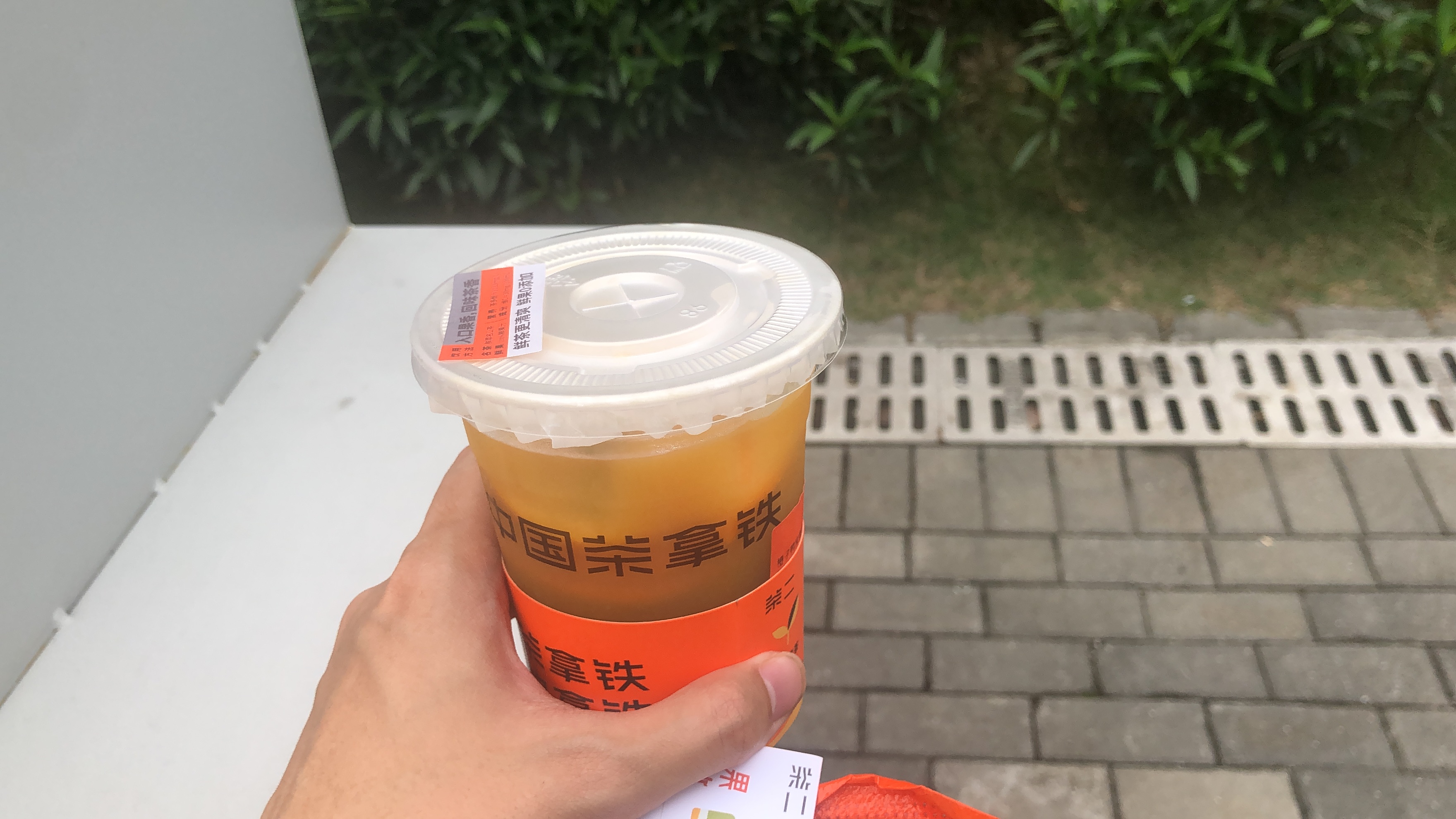 A hand holding a cup of iced tea.