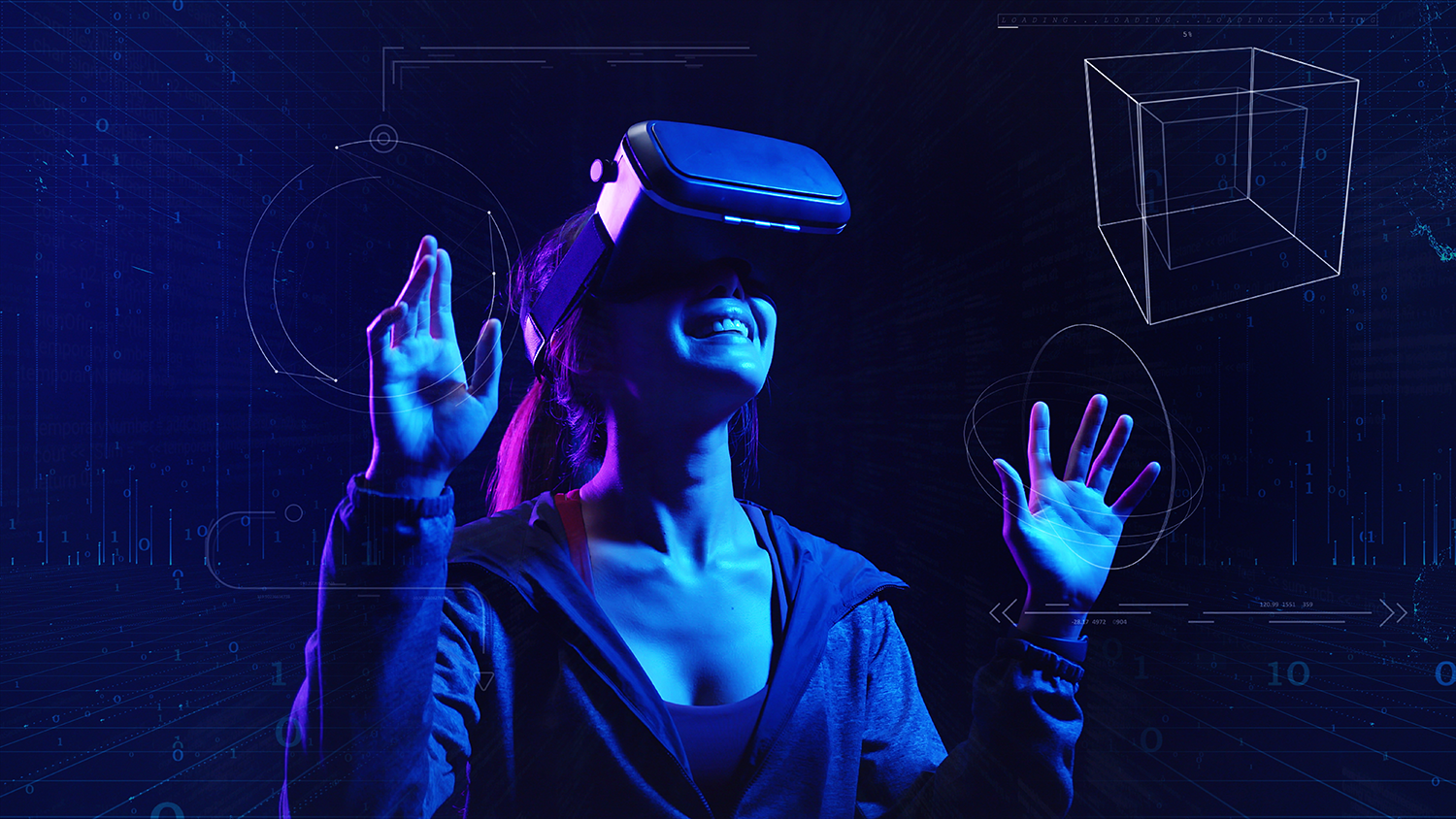 stock image of woman wearing VR goggles