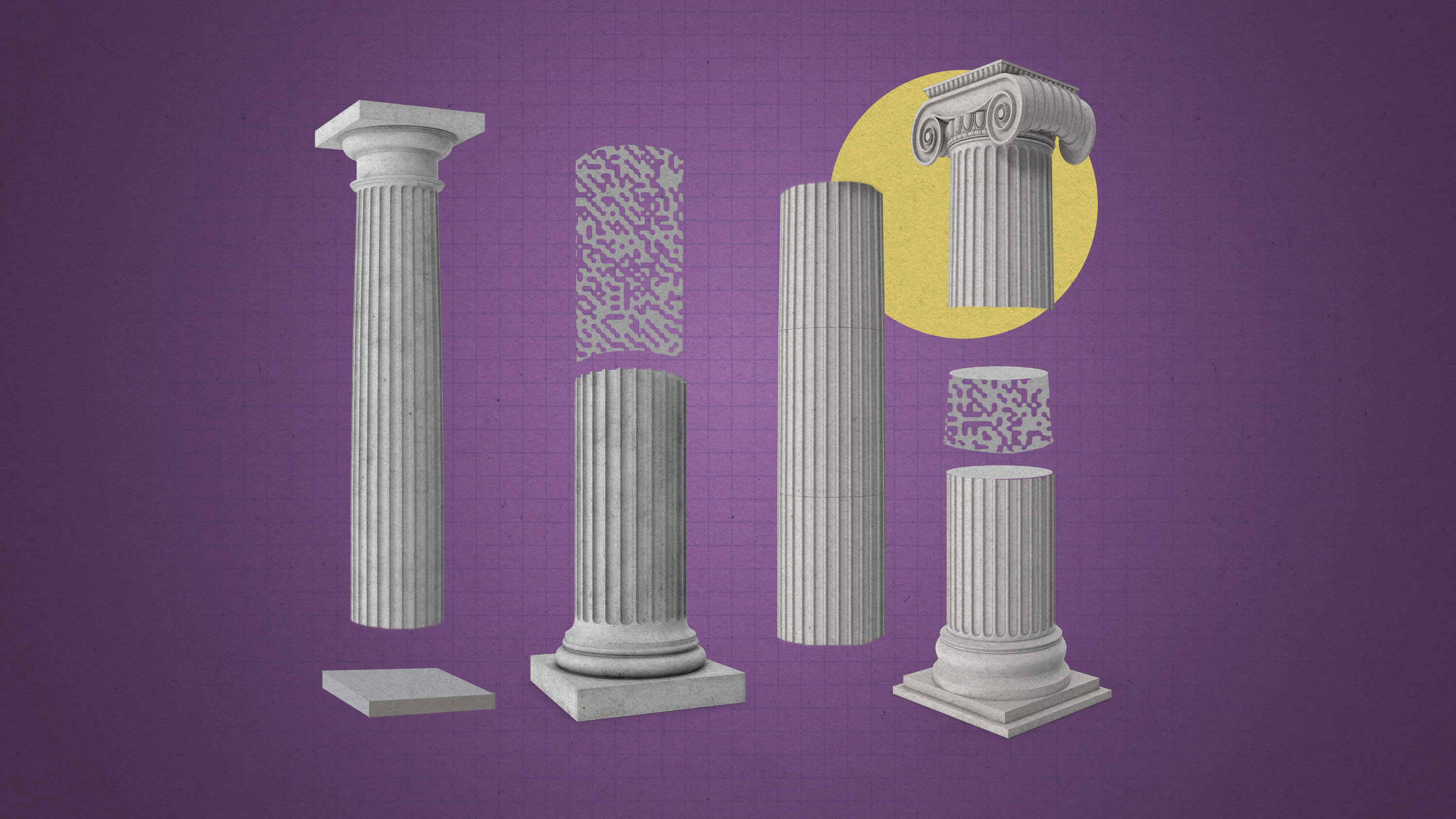 a row of columns with segments missing or replaced by a digital pattern