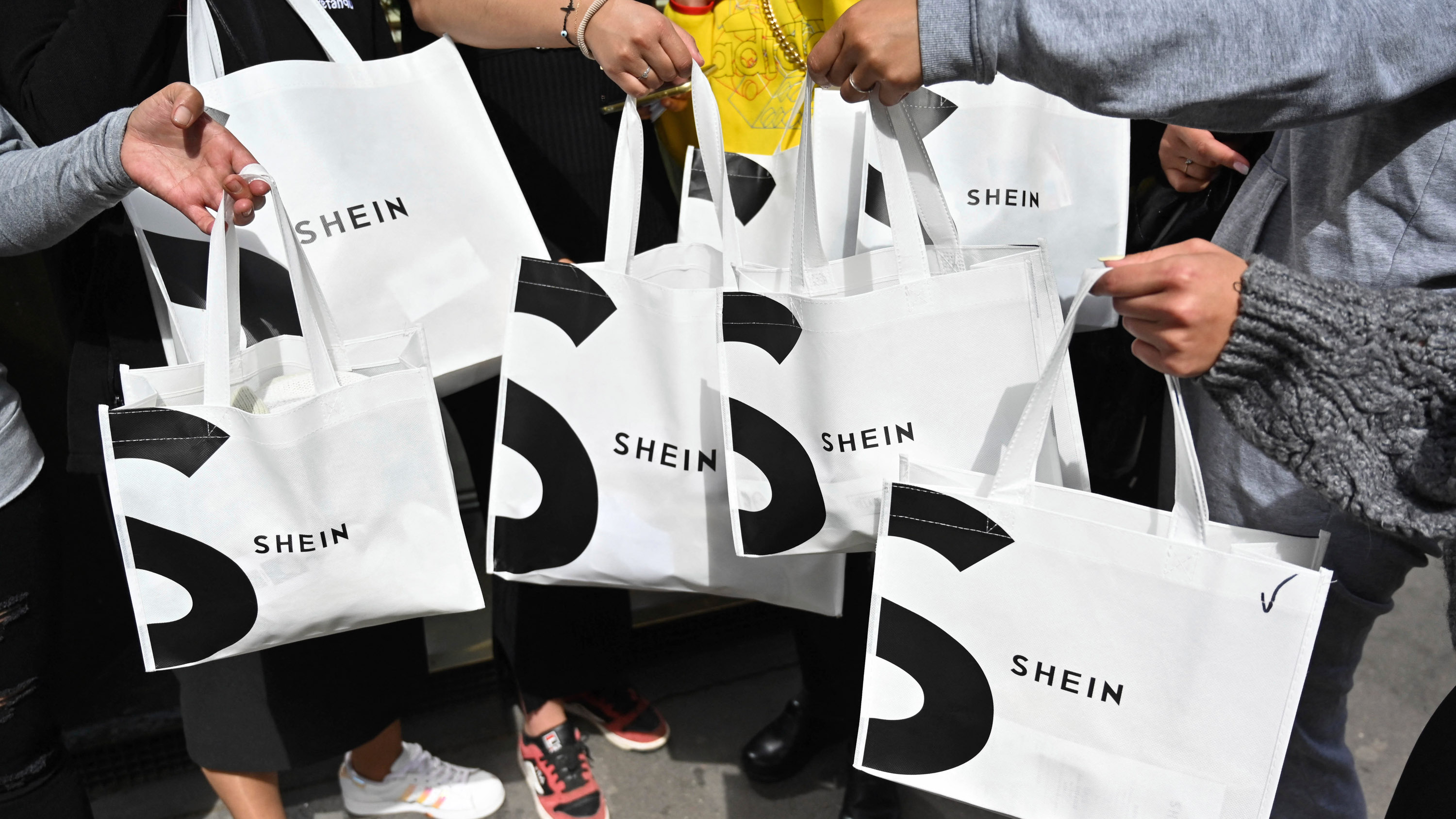 hands holding white Shein totes