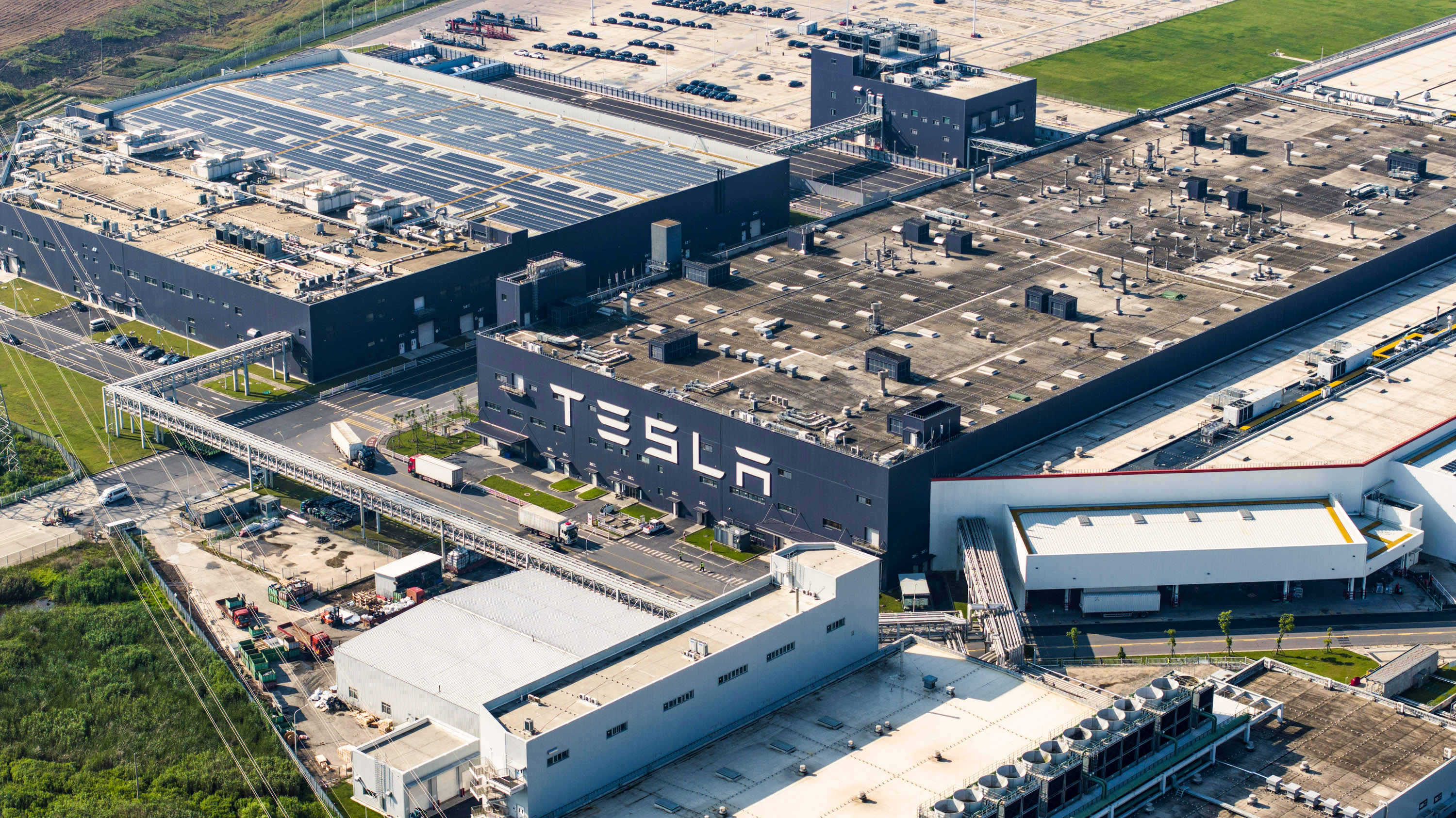 aerial photo of the Tesla gigafactory in Shanghai