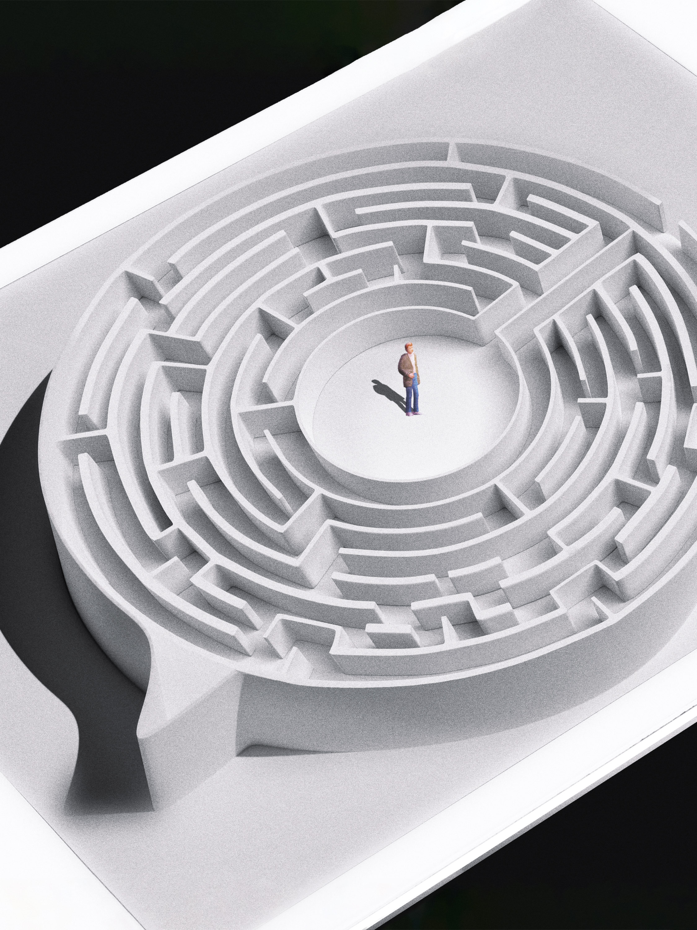a tiny person in the center of a maze protruding from the screen of an iPad
