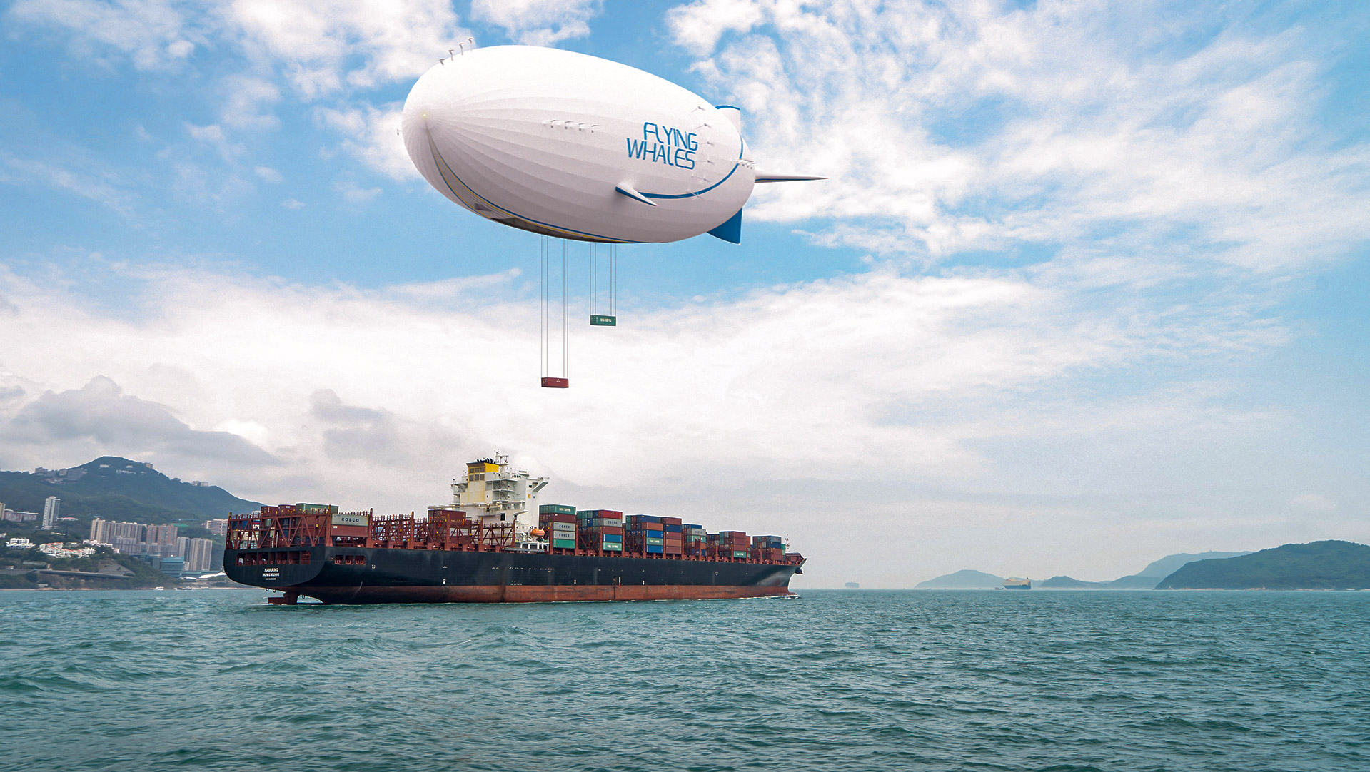 artists&#039; rendering of a blimp carrying cargo containers to a container ship in a harbor