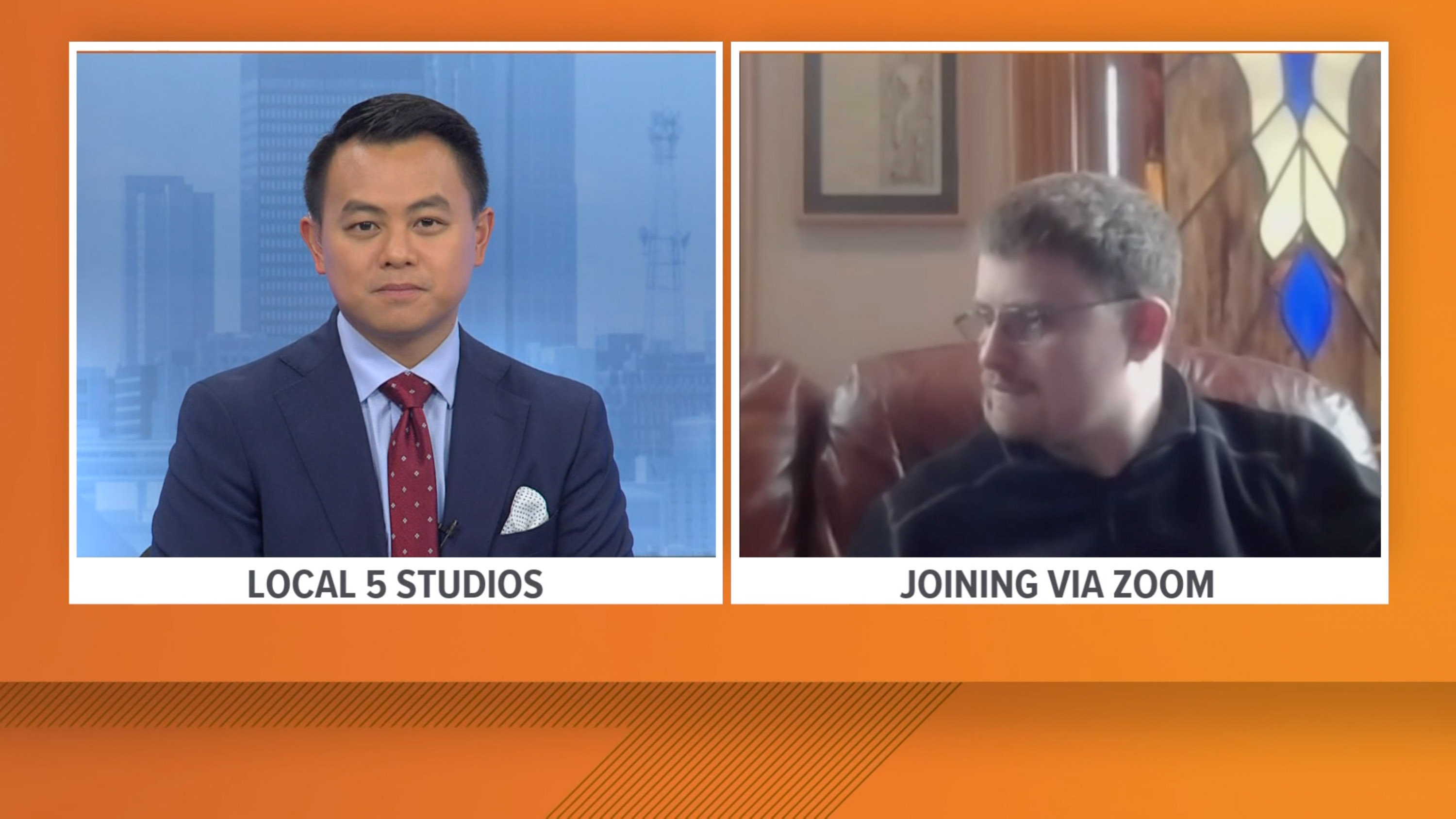 screenshot of a TV interview.  In the left part of the frame is the Local 5 Studios anchor; Savarese is in the right frame with the chyron, "Joining via Zoom"