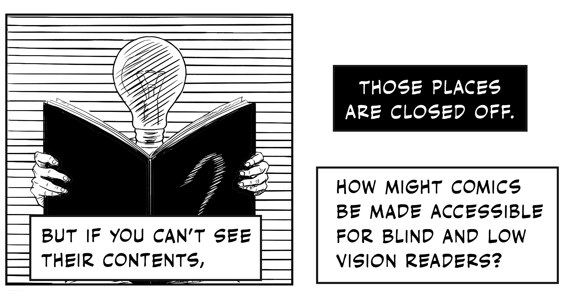 Panel 2: Same picture, but the lightbulb no longer illuminated, the comic’s cover blacked out except for a thin wisp of a question mark. Caption “But if you can’t see their contents…”  Panel 3: White text on a black box reads “those places are closed off.” A white box reads “How might comics be made accessible for blind and low vision readers?”