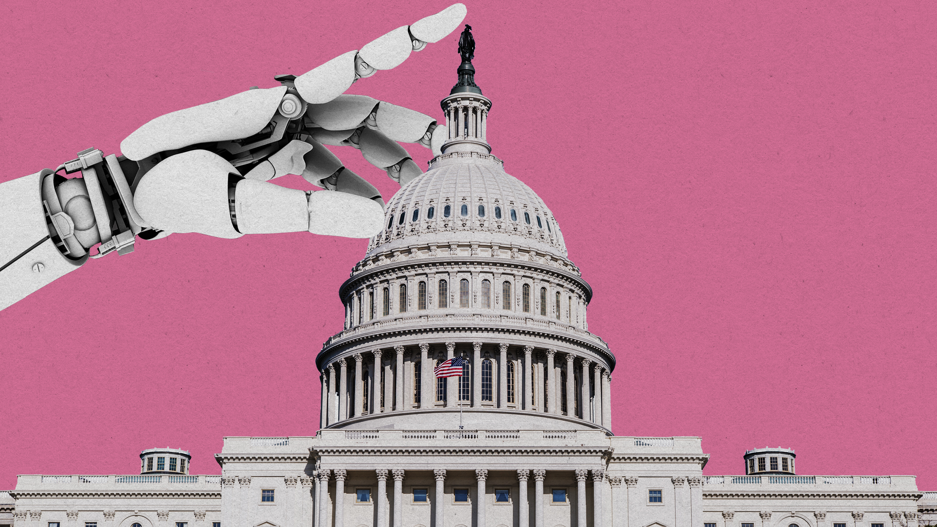 A conceptual illustration of artificial intelligence regulation shows a robotic hand reaching for the dome of Congress