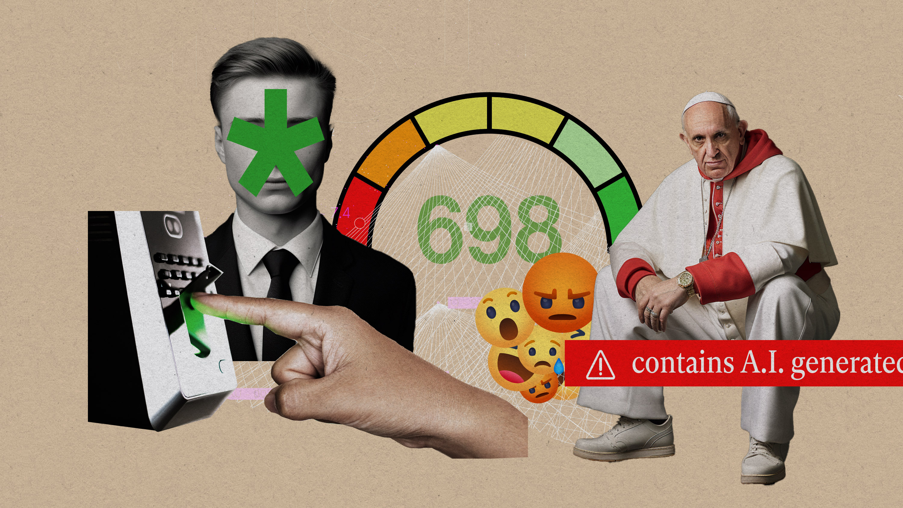 collage of AI related items including biometric scan, face recognition, social score, content moderation, and AI generated image resembling the pope with a disclaimer
