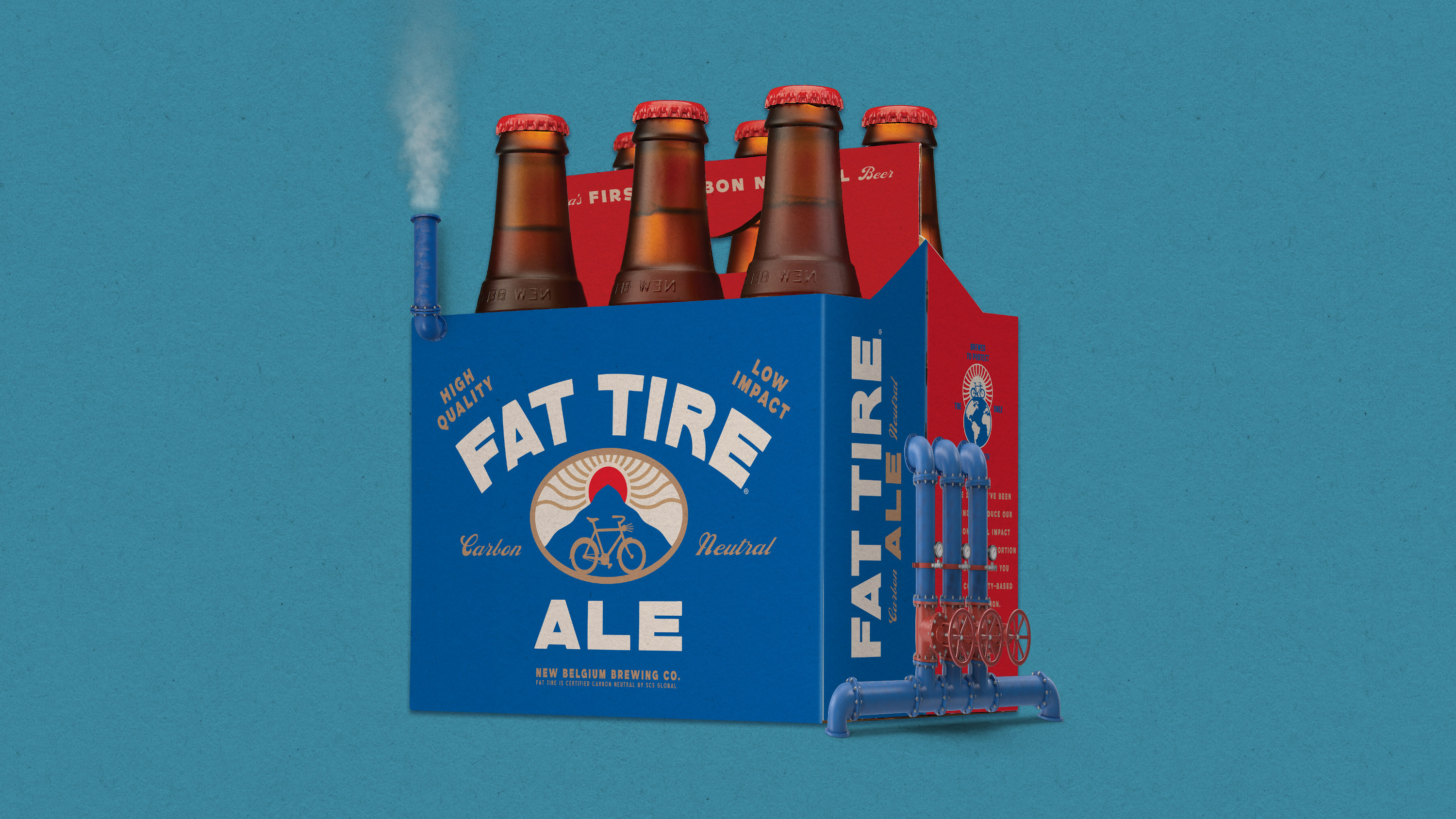 industrial steam pipes running into a 6 pack of Fat Tire Ale an one pipe emitting steam at the top