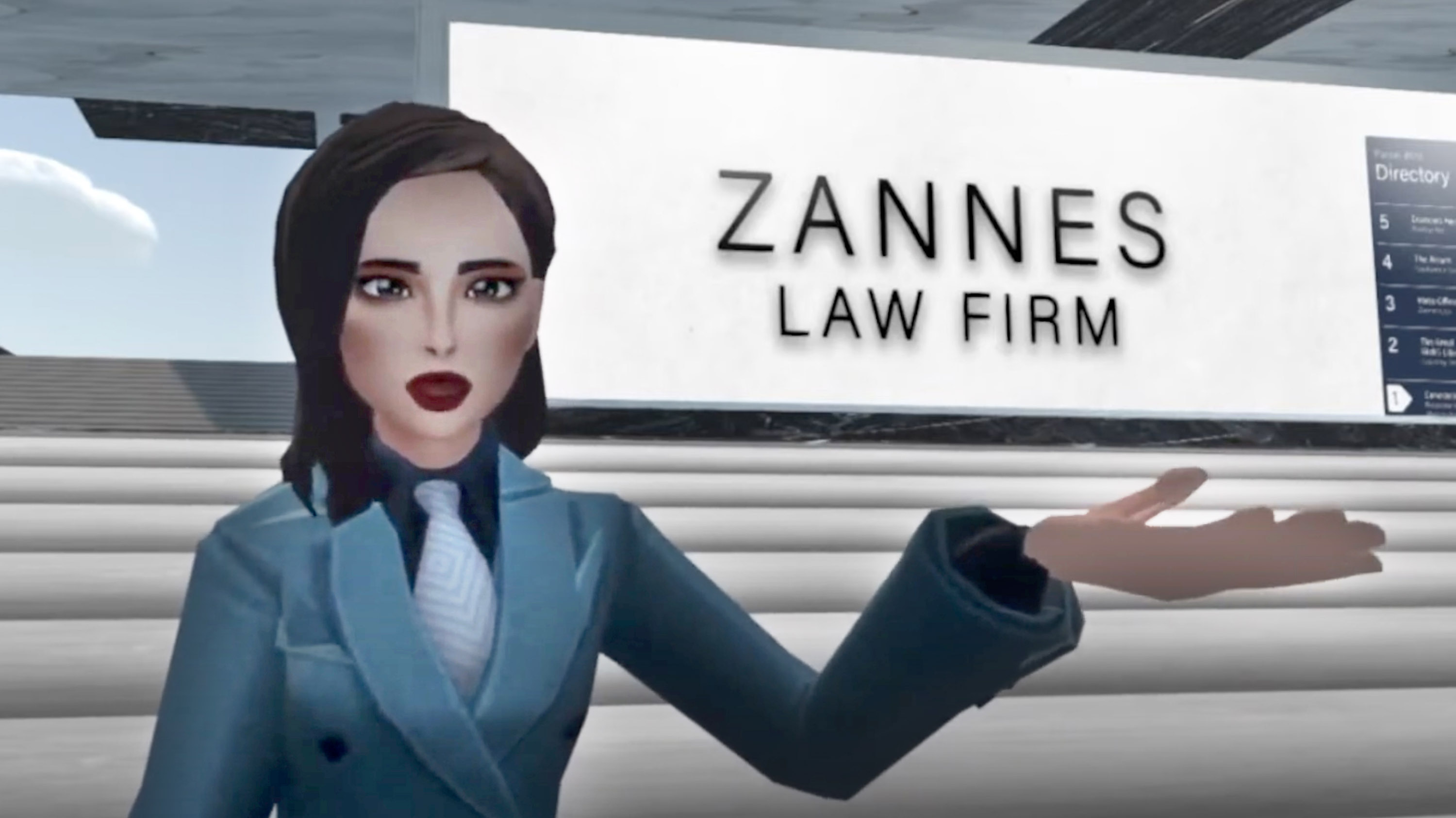 screenshot of an Zannes&#039; avatar making a welcoming gesture toward a white cube with the sign, &quot;ZANNES Law Firm&quot;