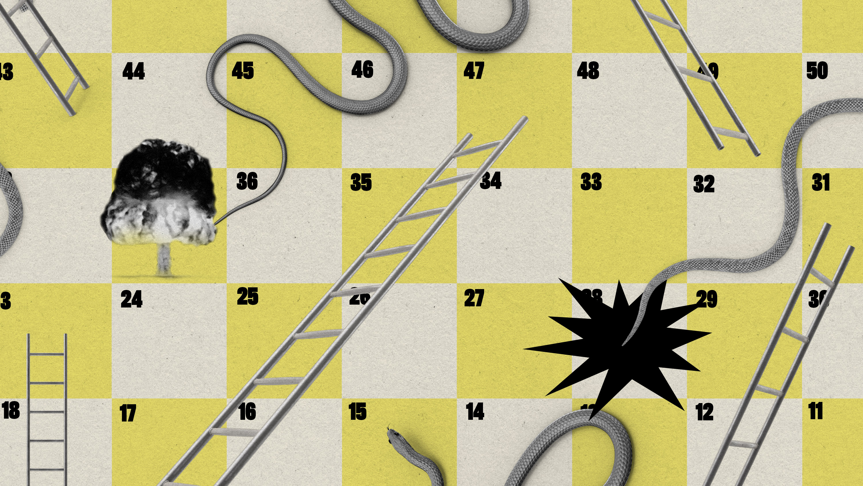a game of snakes and ladders with explosions as the bad outcomes