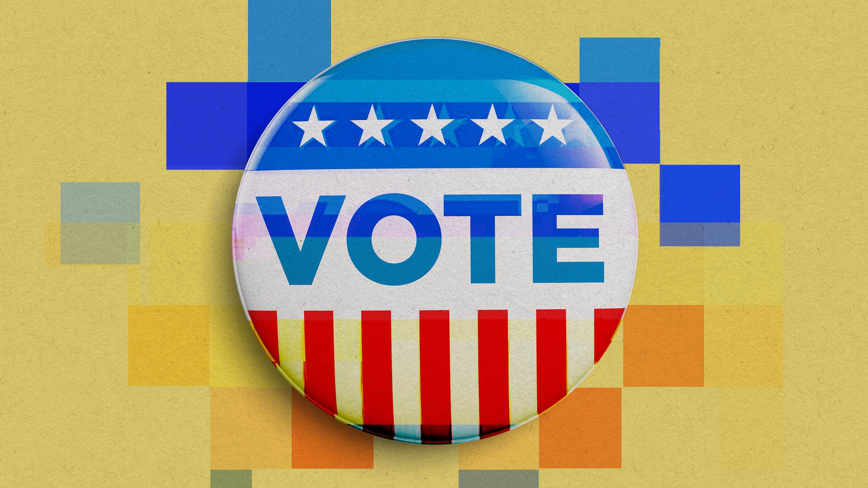 A red, white and blue &quot;Vote&quot; campaign button, with a glitching effect.