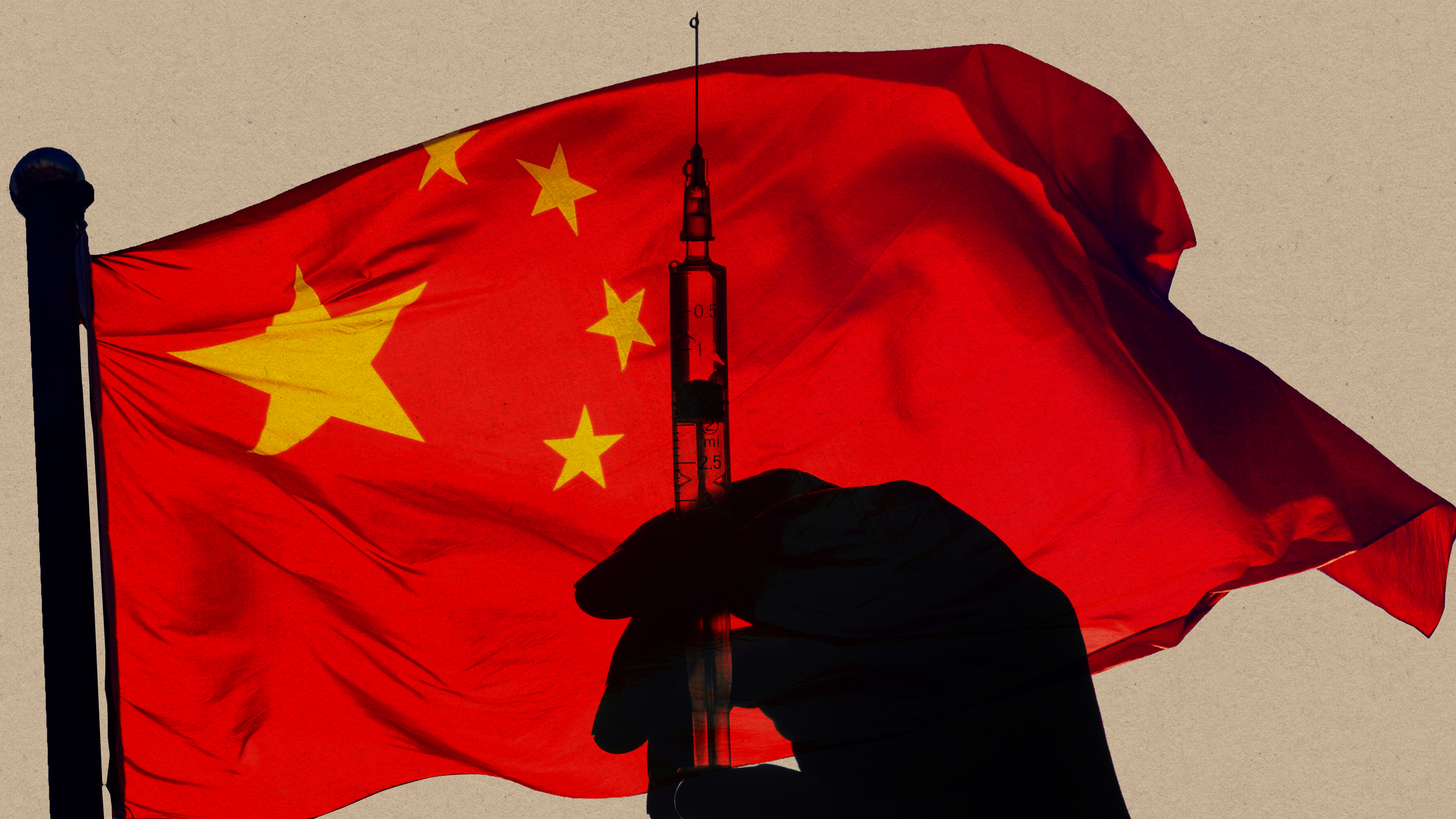 An illustration of a silhouette of a hand with a vaccine against the Chinese flag